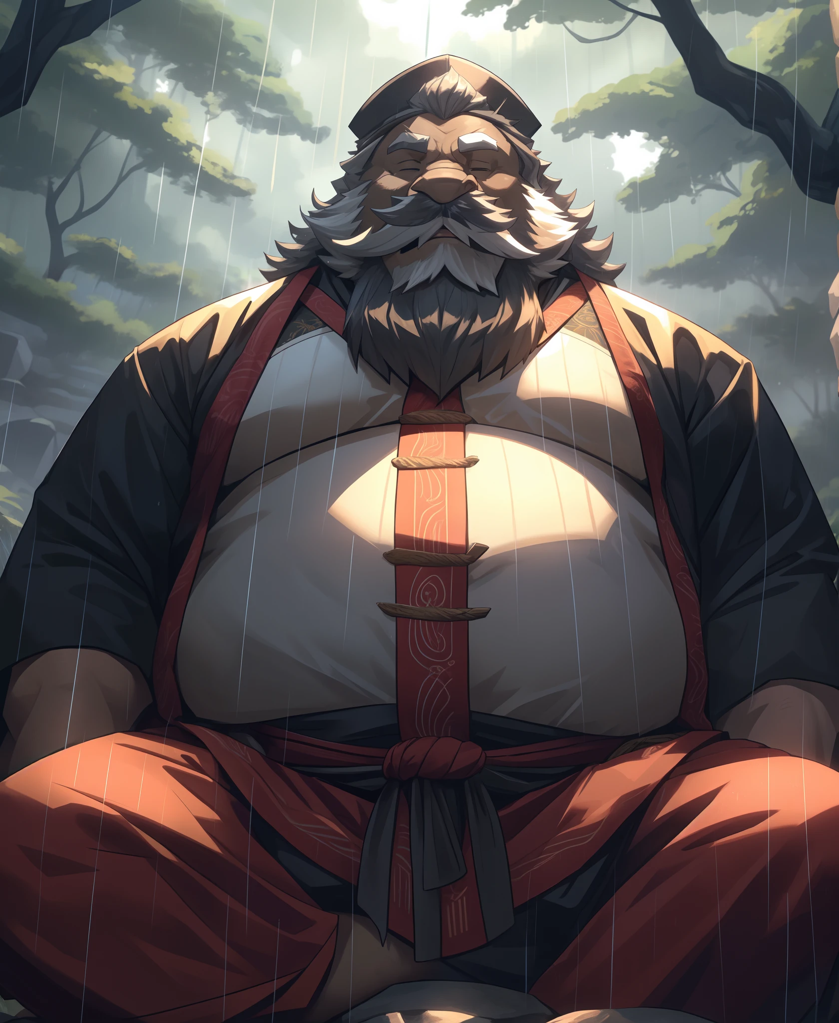 beast man, male, chubby wart boar, old man, detailed body back, detailed clothing, big fat, obesity, overweight, white beard, fang, ancient China clothes, China robe, forest background, standing on a big rock, (mustache), open legs, Pov Faraway view, big bulge outline, his big butt, picture is body back, 