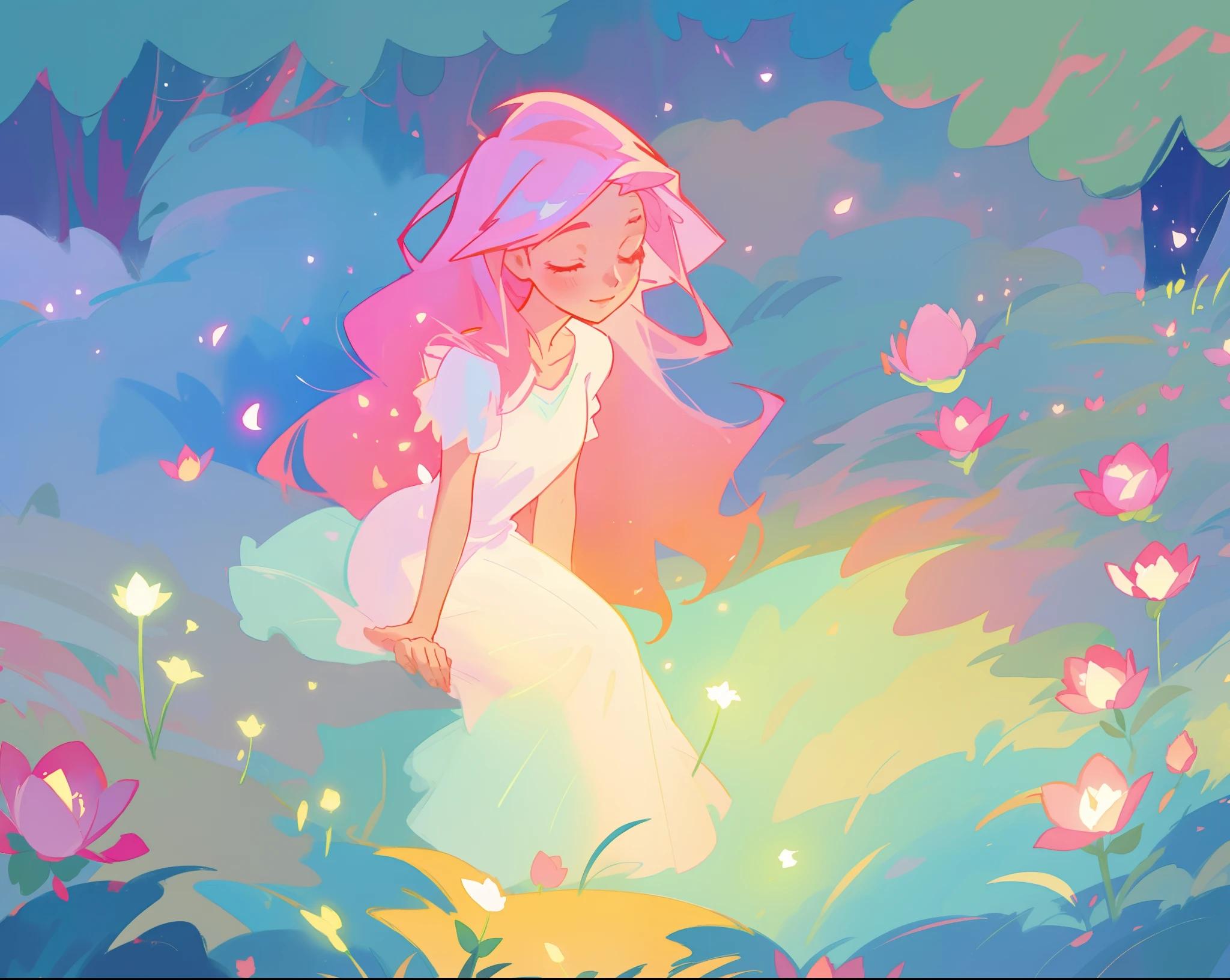 beautiful girl in white dress, fairy dress, beautiful girl sitting in a field with pink red flowers, glowing lights, whimsical landscape, long pink flowing hair, watercolor illustration, inspired by Glen Keane, inspired by Lois van Baarle, disney art style, by Lois van Baarle, glowing aura around her, by Glen Keane, jen bartel, glowing lights! digital painting, flowing glowing hair, glowing flowing hair, beautiful digital illustration, fantasia otherworldly landscape plants flowers, beautiful, masterpiece, best quality, anime disney style