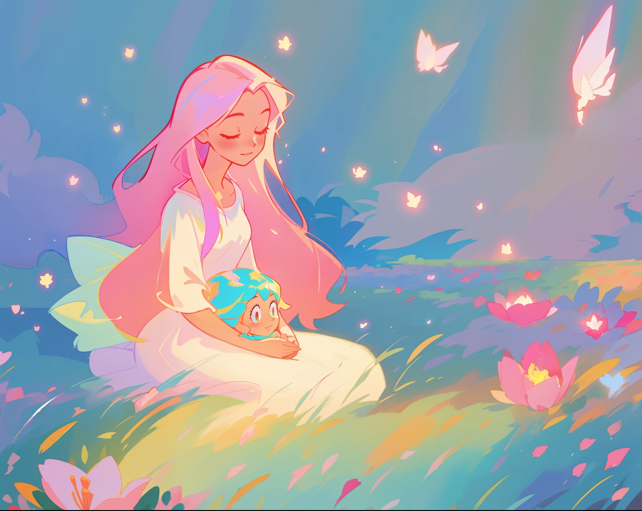 beautiful girl in white dress, fairy dress, beautiful girl sitting in a field with pink red flowers, glowing lights, whimsical landscape, long pink flowing hair, watercolor illustration, inspired by Glen Keane, inspired by Lois van Baarle, disney art style, by Lois van Baarle, glowing aura around her, by Glen Keane, jen bartel, glowing lights! digital painting, flowing glowing hair, glowing flowing hair, beautiful digital illustration, fantasia otherworldly landscape plants flowers, beautiful, masterpiece, best quality, anime disney style