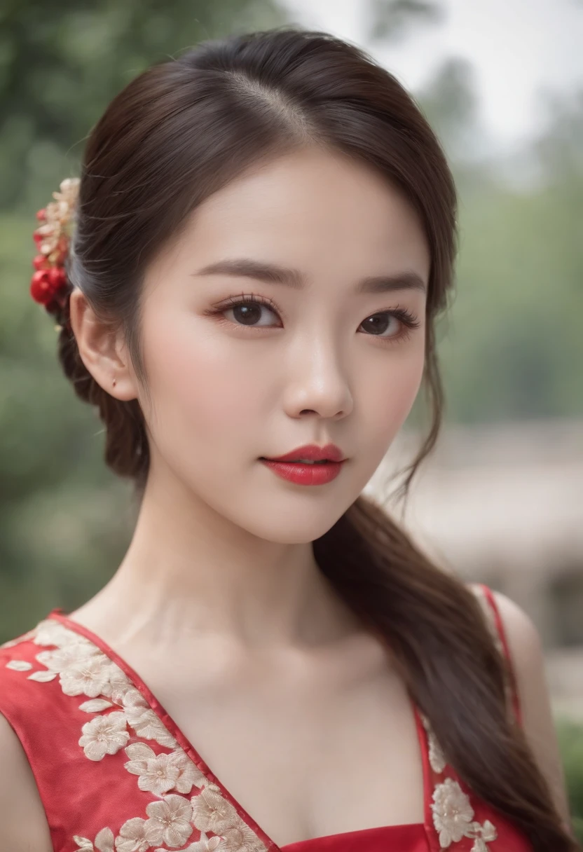 Highest image quality, Outstanding details, Ultra-high resolution, Chinese girl in cheongsam, with a delicate and beautiful face, A beautifully landscaped park is in the background