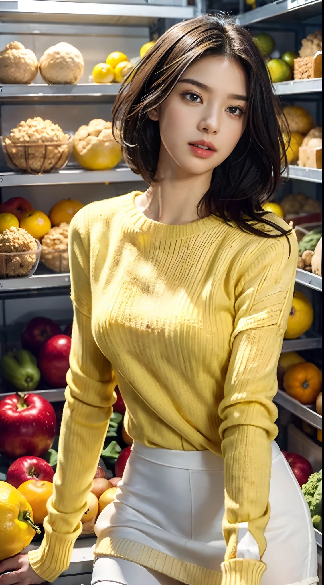 (shoulder length straight short black hair:0.9), （Extremely meticulous CG 8k wallpaper），（Extremely refined and beautiful），（Masterpiece），（best qualtiy：1.0），（Ultra High Resolution：1.0），beautiful light up，Perfect lightning，realistic shaded，[A high resolution]，Smooth and flawless fair skin，Extremely exquisite facial details,(perfect body:1.1），ultra - detailed,A beautiful girl,small head,(Small breasts:1.1),Flat chests,slim,thin,laughing,happy,(yellow sweater dress:1.5),(white pantyhose:1.4),(white sneakers:1.3),standing,(In an indoor warehouse:1.5),(Fruits, vegetables, and grains piled up like mountains On the shelves:1.5),Portrait photo,from side,cowboy shot,(upper body:1.5)
