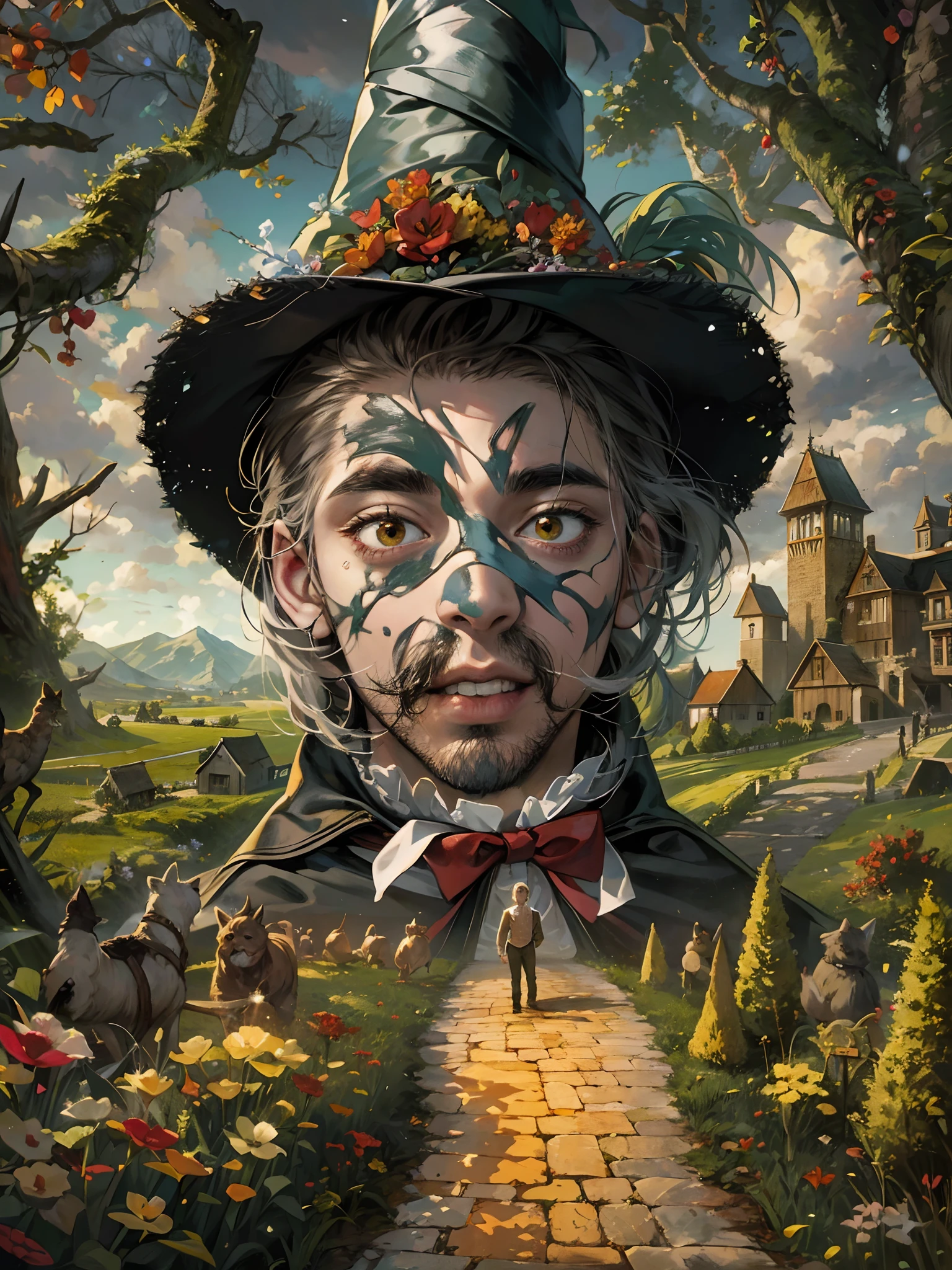 Absurdres masterpiece HDR high quality picture of a random scene from wizard of Oz portrait with a Tim Burton theme style in a beautiful masterpiece background , detailed character, handsome face