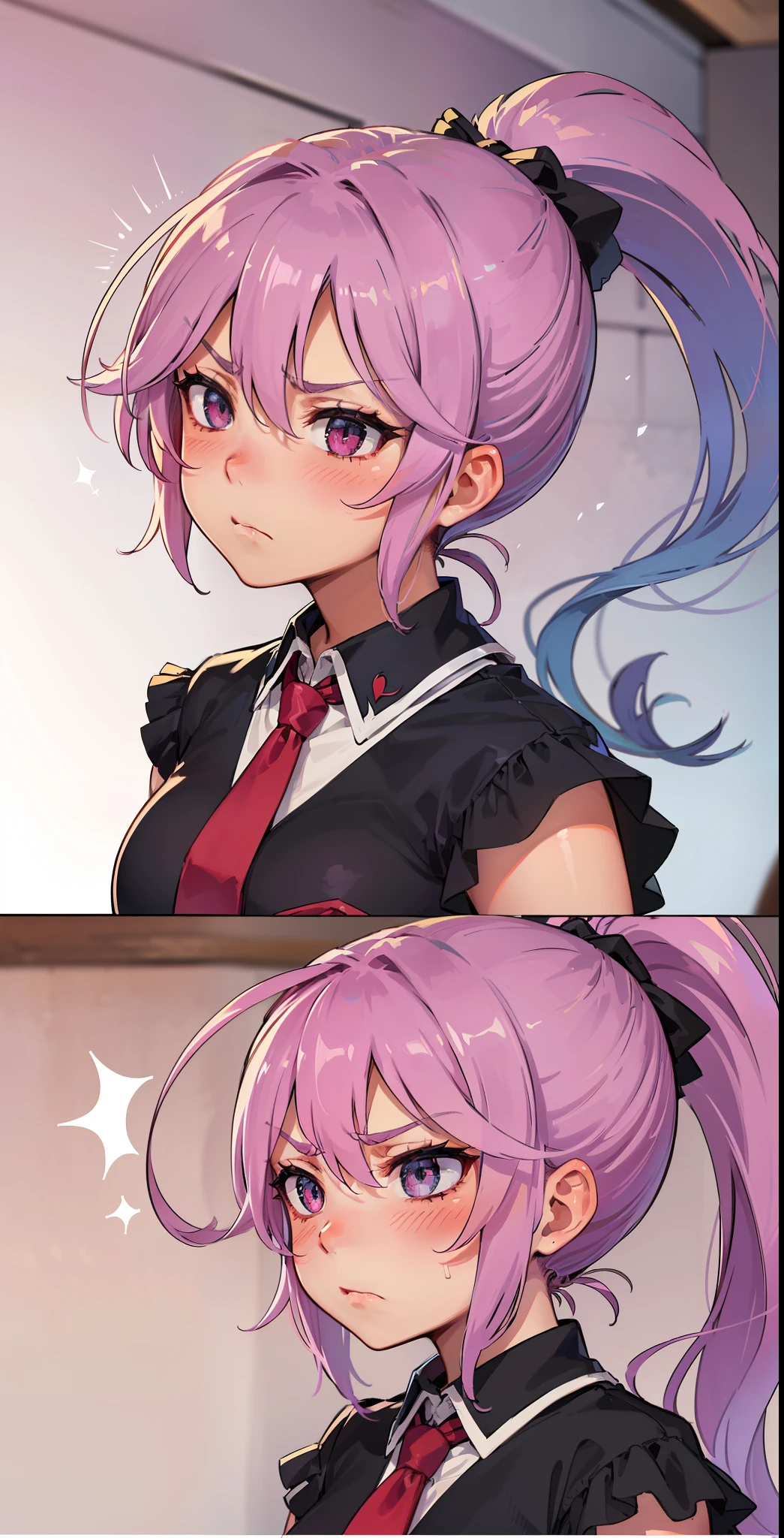 Jibril, (standing), blushed, perfect anatomy, detailed eyes, detailed lips, extremely detailed eyes and face, vivid colors, sharp focus, masterpiece:1.2, ultra-detailed, blushed, ((doggystyle)), (solo), ((tie)), sleeveless, ((((ponytail)))), (((disdain, disgust))).