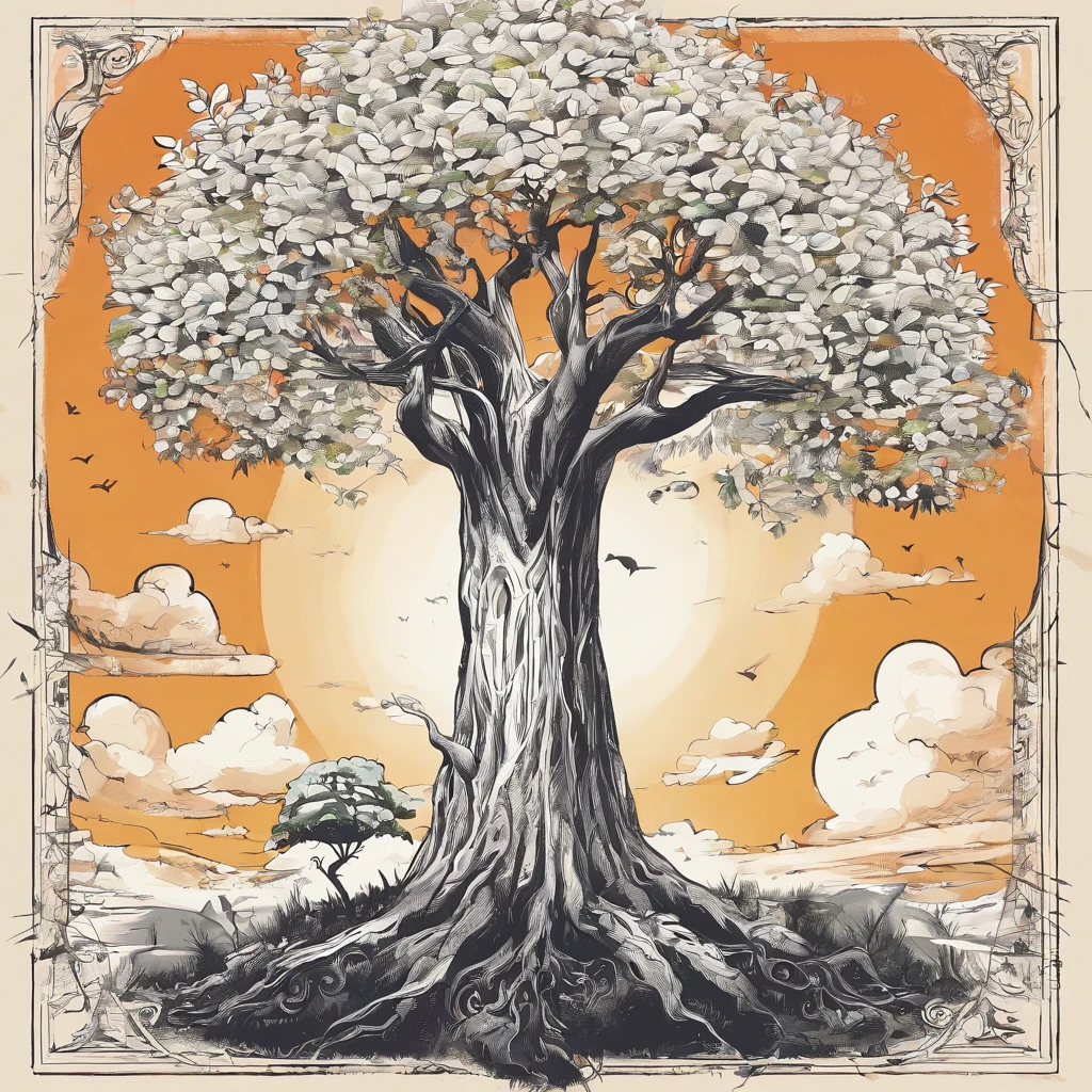 A black and white commercial illustration of a huge tree, com folhas bem verdes, abaixo dela tem um salgueiro bem menor, To your right is a smaller tree. He's got very large leaves, The tree is located in a parking lot. Parking is portrayed in a natural way, com grama ao redor. The image should have a comedic style, with fine strokes and a touch of manga. The tree should be depicted in detail, with his expression demonstrating purity and determination in his task. A imagem deve ser em preto e branco, with a pencil and ink caricature drawing style. Be sure to catch willow tree below the tree, but not so glued together symbolizing unity and hope in the face of life's challenges.", HD