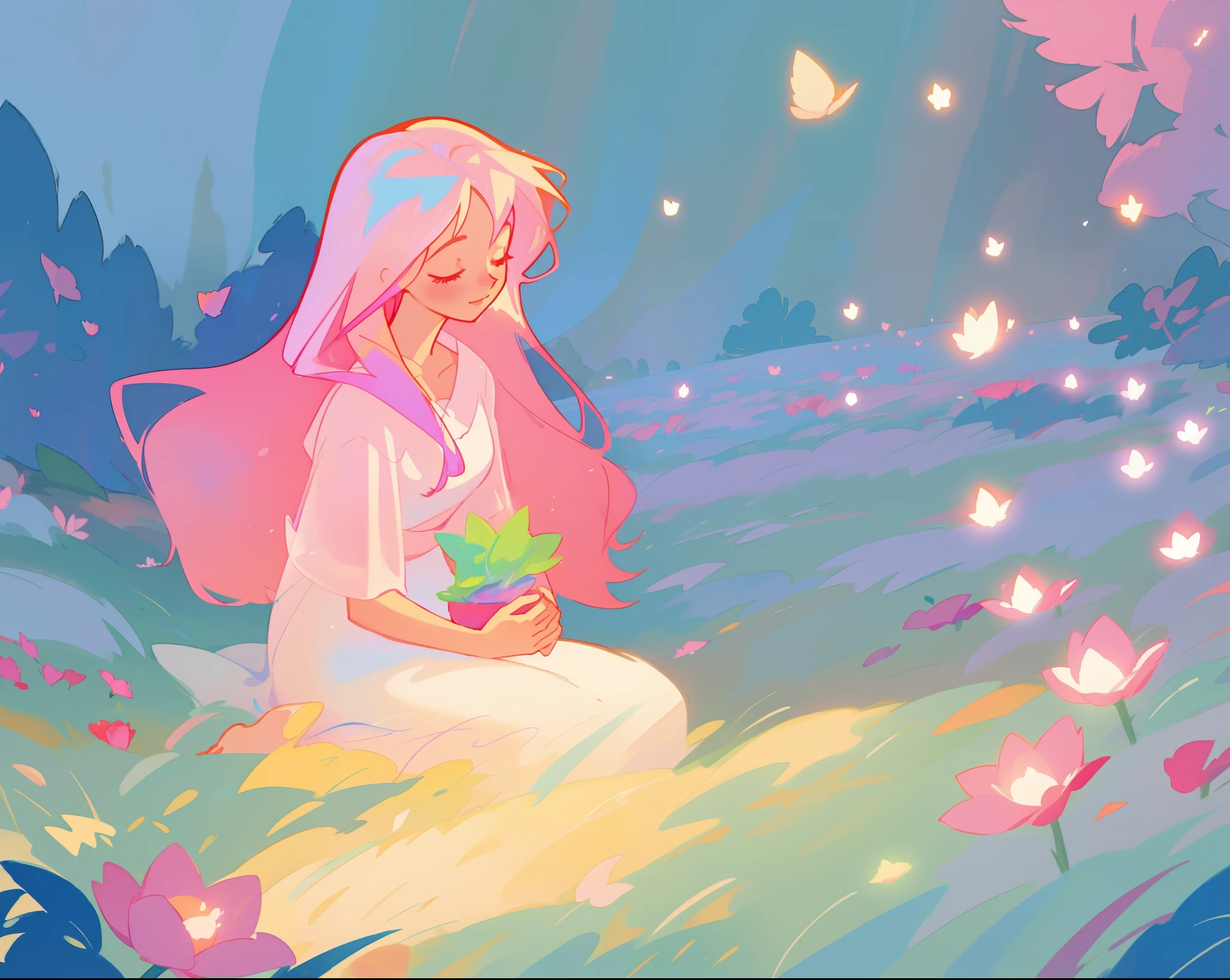 beautiful girl in white dress, fairy dress, beautiful girl sitting in a field with pink red flowers, glowing lights, whimsical landscape, long pink flowing hair, watercolor illustration, inspired by Glen Keane, inspired by Lois van Baarle, disney art style, by Lois van Baarle, glowing aura around her, by Glen Keane, jen bartel, glowing lights! digital painting, flowing glowing hair, glowing flowing hair, beautiful digital illustration, fantasia otherworldly landscape plants flowers, beautiful, masterpiece, best quality, anime disney style