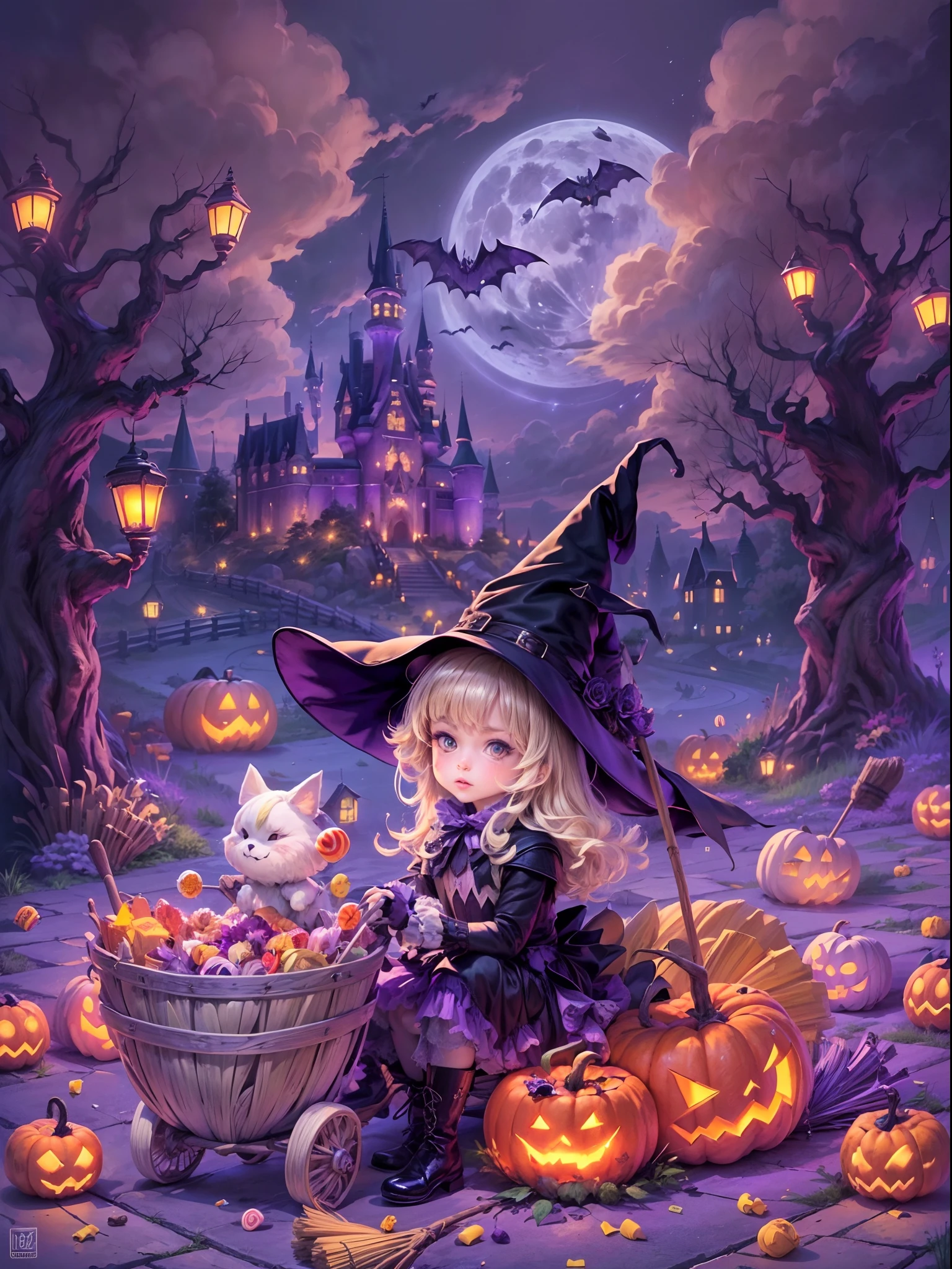 (((Masterpiece))),((Best Quality))),highres,absurdres,((looking at viewer:1.4)),1gril,full body,(hallowee:1.3),happy halloween,castlejack-o'-lantern,pumpkin,(Pumpkin hood:1.2),(a gril pulls a cart:1.2),((candy,A bunch of candy:1.6)),bags filled with candy,(ghosts:1.2),ghosts flying,bat (animal),bats flying,(flower,grass,plants:1.4),sitting,(broom:1.4),(sit on a broom, the witch flies in the air:1.2),(Hold the broom in your hand:1.1),medium hair,blonde hair,wavy hair,straight hair,diagonal bangs,blush,smirk,black eyes,small breasts,cape,black cape,hat,broom,witch hat,martin boots,night,outdoors,sky,moon,full moon,(cloud,road:1.3),(castle:1.2),bare tree,tree,(Purple theme:1.4),(rich colors,expressive technique:1.4), blackmagic, WaHaa