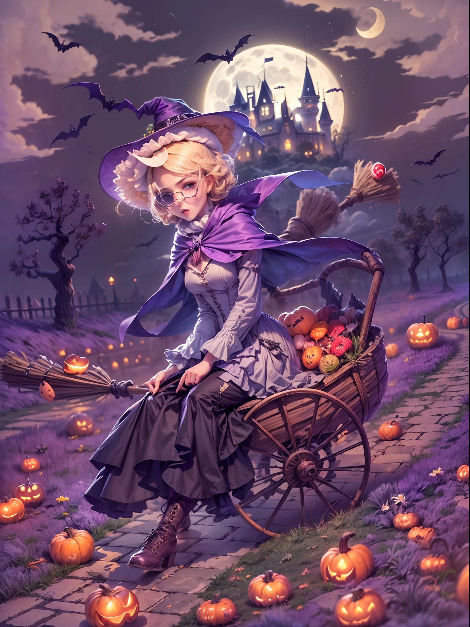 (((Masterpiece))),((Best Quality))),highres,absurdres,((looking at viewer:1.4)),1gril,full body,(hallowee:1.3),happy halloween,castlejack-o'-lantern,pumpkin,(Pumpkin hood:1.2),(a gril pulls a cart:1.2),((candy,A bunch of candy:1.6)),bags filled with candy,(ghosts:1.2),ghosts flying,bat (animal),bats flying,(flower,grass,plants:1.4),sitting,(broom:1.4),(sit on a broom, the witch flies in the air:1.2),(Hold the broom in your hand:1.1),medium hair,blonde hair,wavy hair,straight hair,diagonal bangs,blush,smirk,black eyes,small breasts,cape,black cape,hat,broom,witch hat,martin boots,night,outdoors,sky,moon,full moon,(cloud,road:1.3),(castle:1.2),bare tree,tree,(Purple theme:1.4),(rich colors,expressive technique:1.4), blackmagic, WaHaa