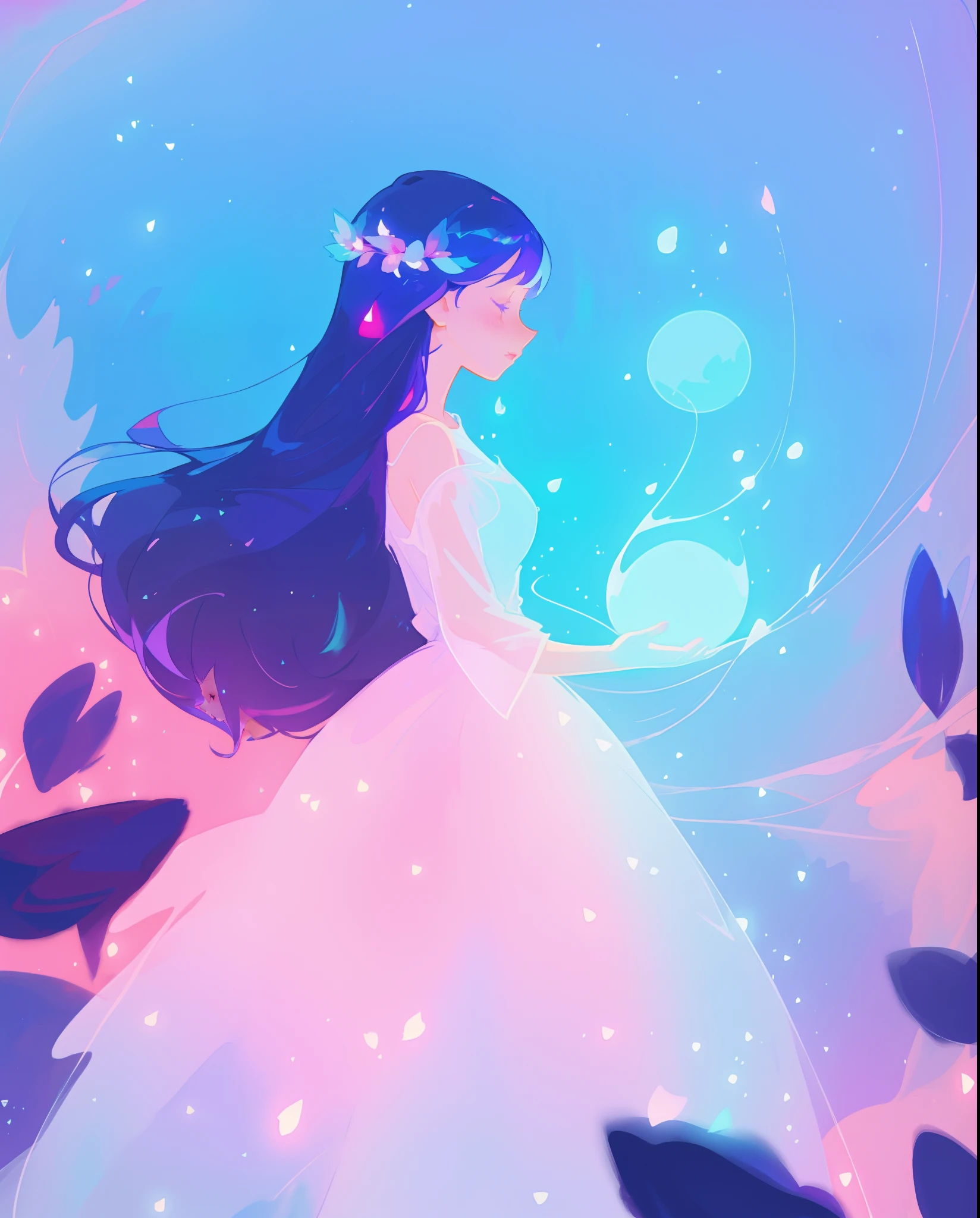 beautiful girl in puffy white ballgown, long dark hair, magical glowing blue lights coming from her hands, magical, whimsical, blue pink and purple colors, watercolor illustration, inspired by Glen Keane, inspired by Lois van Baarle, disney art style, by Lois van Baarle, glowing aura around her, by Glen Keane, jen bartel, glowing lights! digital painting, flowing glowing hair, glowing flowing hair, beautiful digital illustration, fantasia otherworldly landscape plants flowers, beautiful, masterpiece, best quality, anime disney style