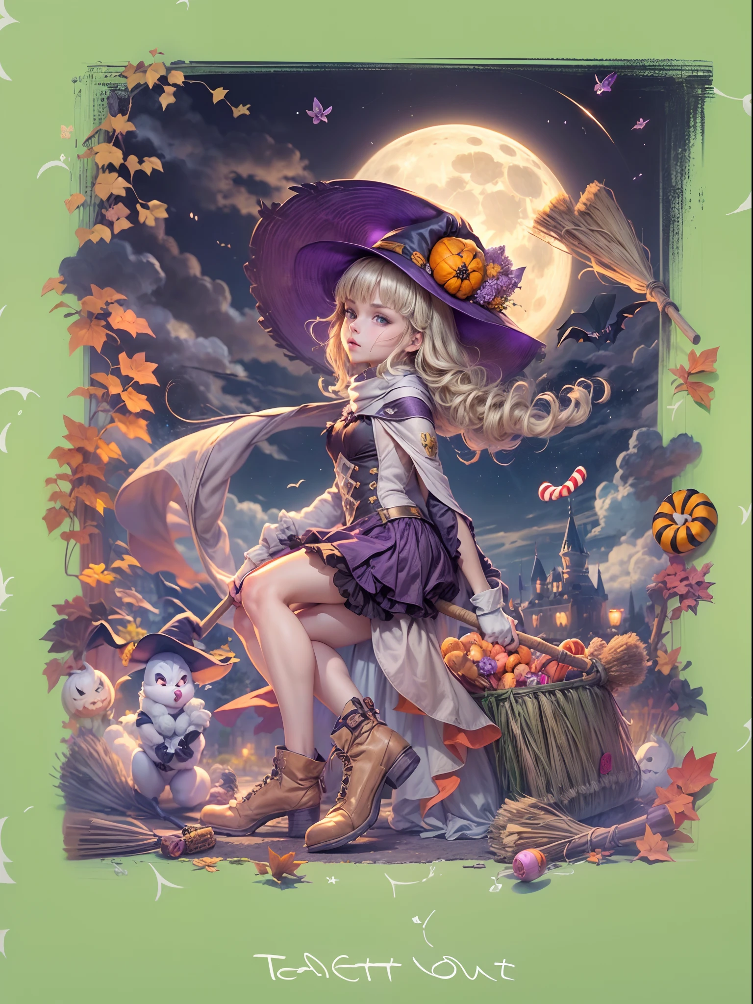 (((Masterpiece))),((Best Quality))),highres,absurdres,((looking at viewer:1.4)),1gril,full body,(hallowee:1.3),happy halloween,castlejack-o'-lantern,pumpkin,(Pumpkin hood:1.2),(a gril pulls a cart:1.2),((candy,A bunch of candy:1.6)),bags filled with candy,(ghosts:1.2),ghosts flying,bat (animal),bats flying,(flower,grass,plants:1.4),sitting,(broom:1.4),(sit on a broom, the witch flies in the air:1.2),(Hold the broom in your hand:1.1),medium hair,blonde hair,wavy hair,straight hair,diagonal bangs,blush,smirk,black eyes,small breasts,cape,black cape,hat,broom,witch hat,martin boots,night,outdoors,sky,moon,full moon,(cloud,road:1.3),(castle:1.2),bare tree,tree,(Purple theme:1.4),(rich colors,expressive technique:1.4), blackmagic, WaHaa