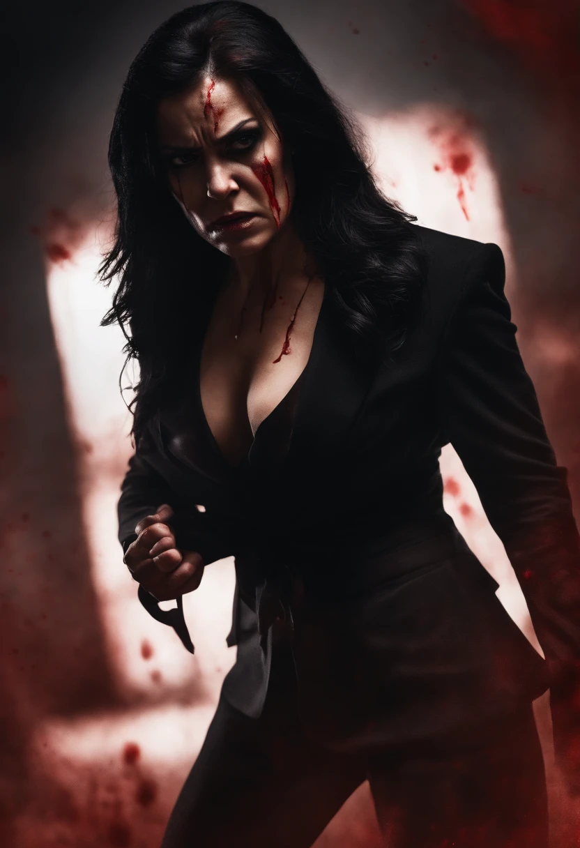 A very angry woman with a black suit and tied hair, large body scale, very muscular, red eyes and black hair, covered in blood