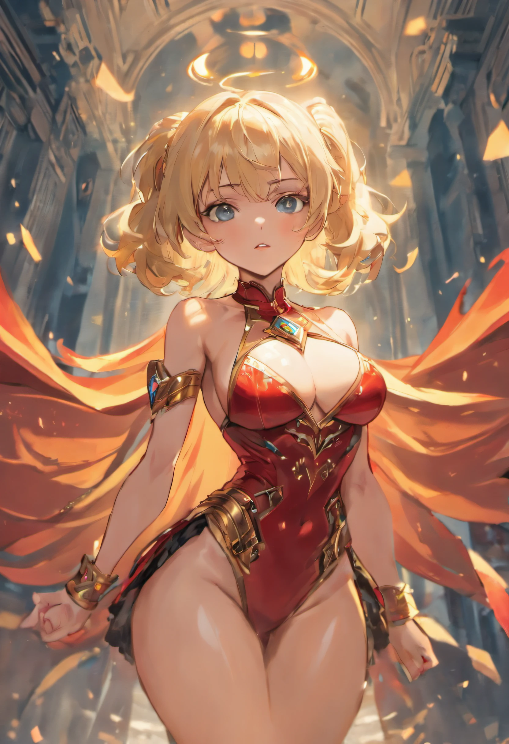 (masterpiece:1.4), (best quality:1.4),extremely detailed, intricate, hyper detailed, 1girl, Blonde hair, dress, down on one knee, (perfect_face), 4k, detailed_background, full_body, a close up of a woman in a ripped and torn costume, black corset skirt combo, gold inlay, red cape, hyper detailed, zenescope, bodybuilder superhero bikini, muscular super hero women, artgerm comic, extremely detailed artgerm,