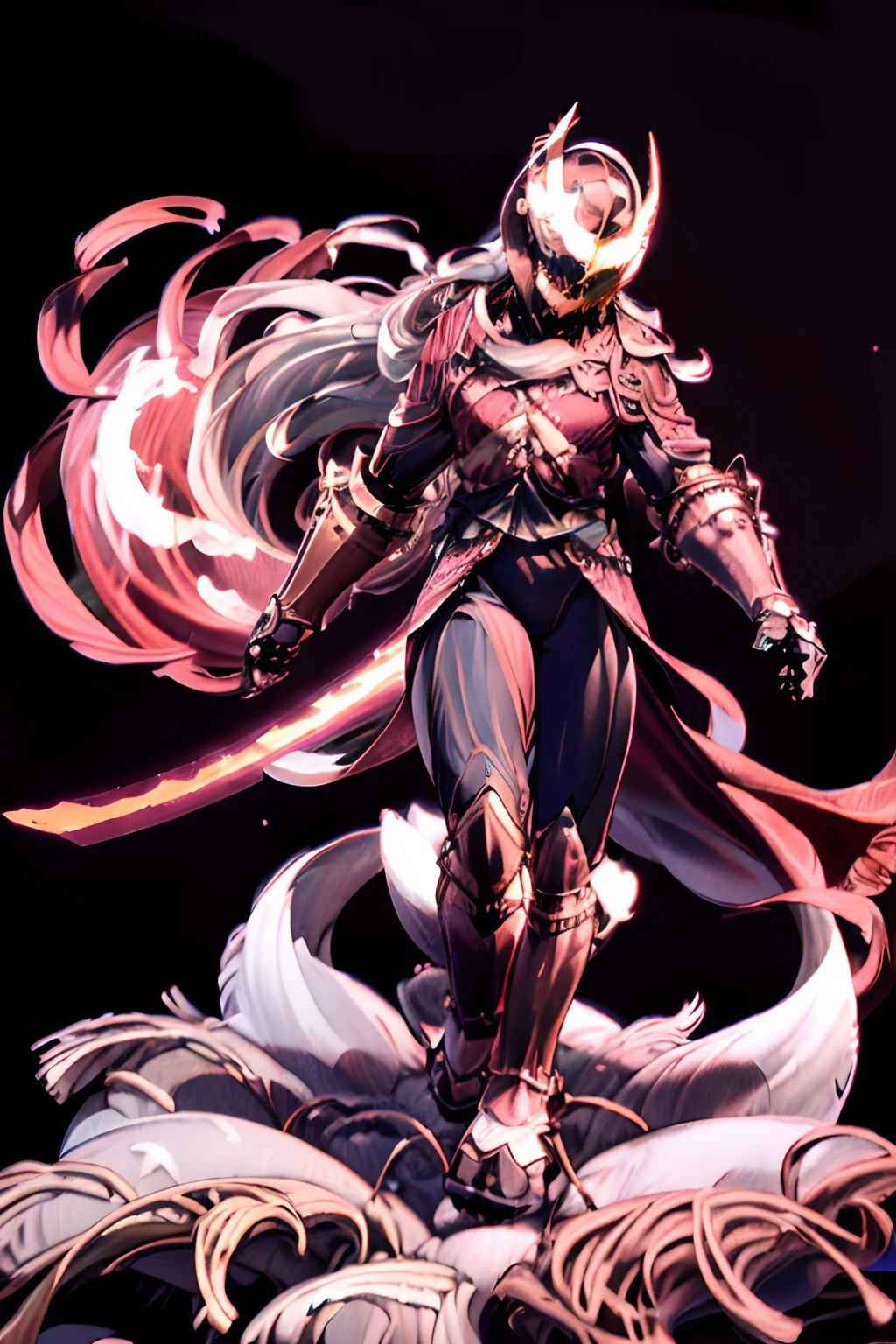 masutepiece, Best Quality,Detailed picture、 1boy, ,a 10 year old boy、 Whitehair,Red armor with the image of a swan and a samurai , Black bodysuit, long boots, Full body, gloves, Holding a brass sword、Red and white helmet with the image of a swan, red footwear, , Solo, simple background