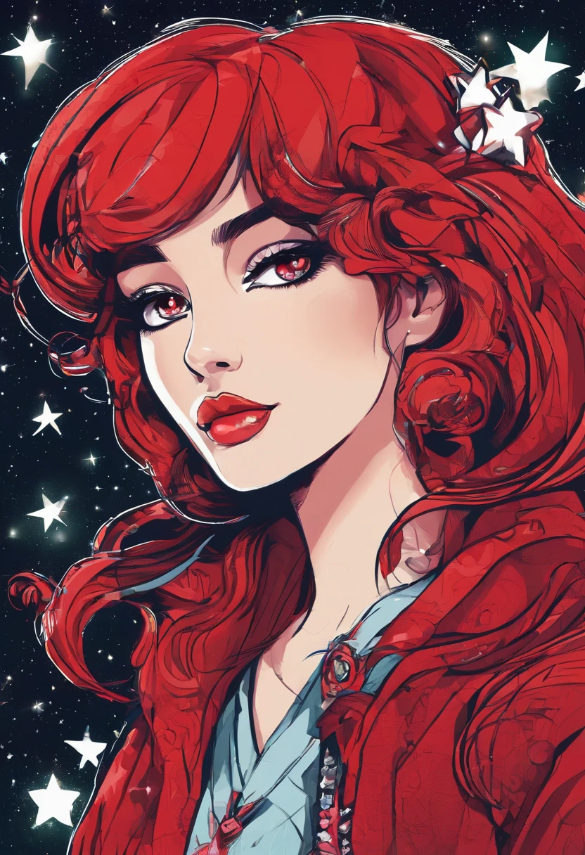 girl,19years old,Brown hair long,Hair is slightly curled,red headgear,Black gemstone decoration on the hair,Red skirt,Full body like,background starry sky