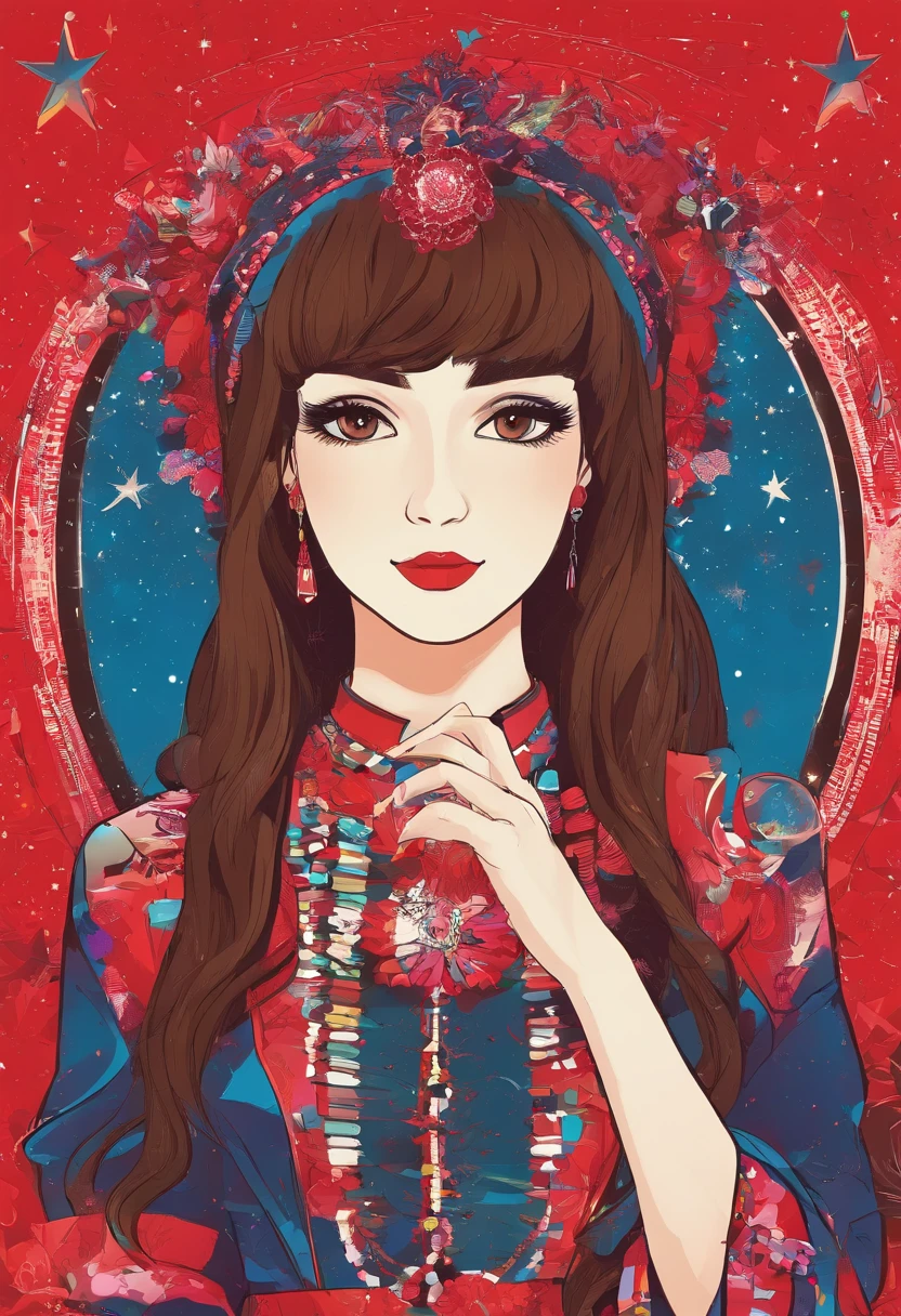 girl,19years old,Brown hair long,Hair is slightly curled,red headgear,Black gemstone decoration on the hair,Red skirt,Full body like,background starry sky