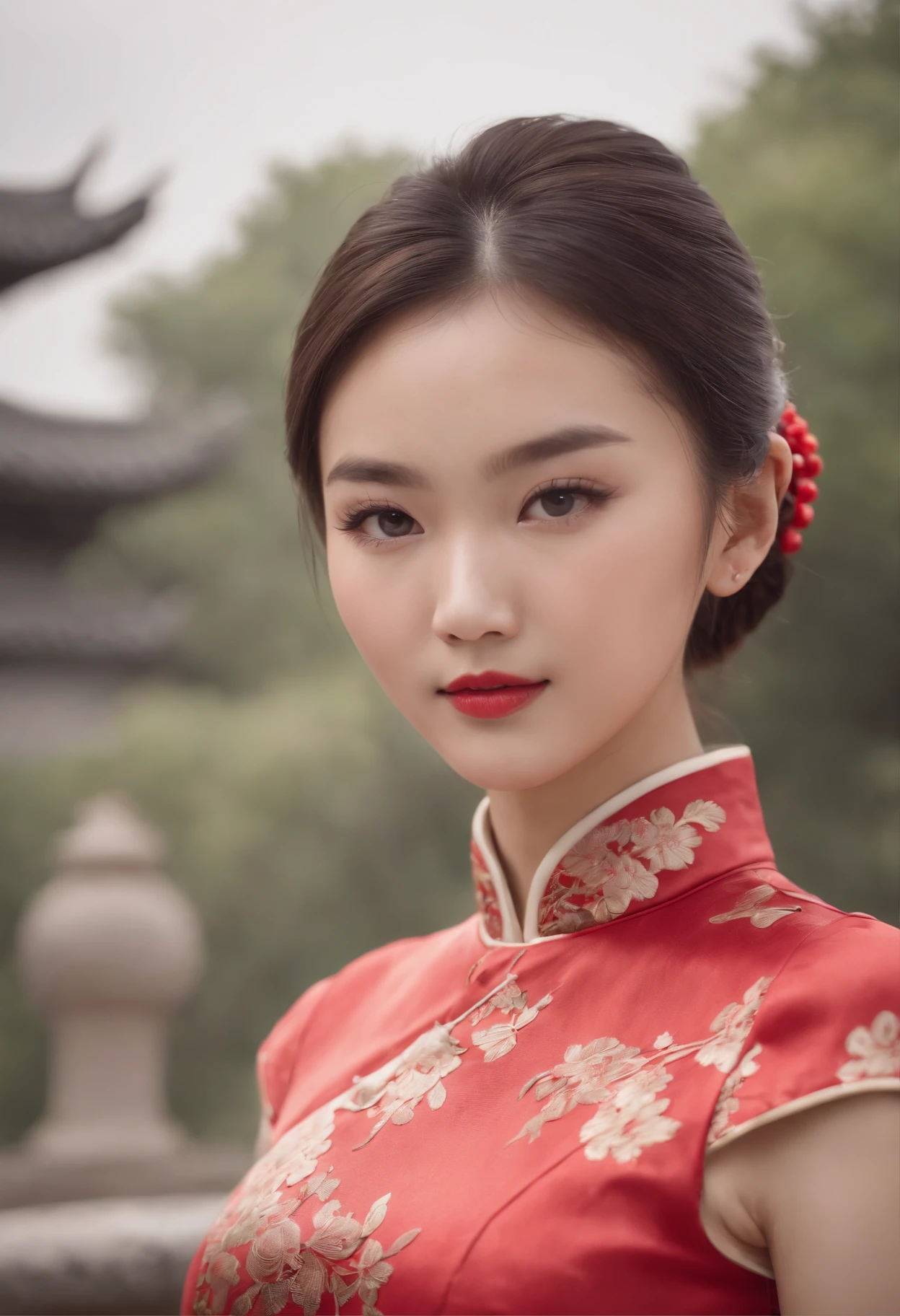 Highest image quality, Outstanding details, Ultra-high resolution, Chinese girl in cheongsam, with a delicate and beautiful face, A beautifully landscaped park is in the background