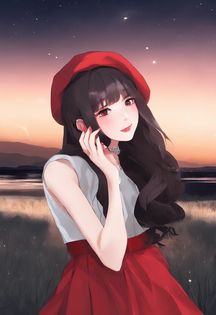 girl,19years old,Brown hair long,Hair is slightly curled,red headgear,Black gemstone decoration on the hair,Red skirt,Full body like,background starry sky