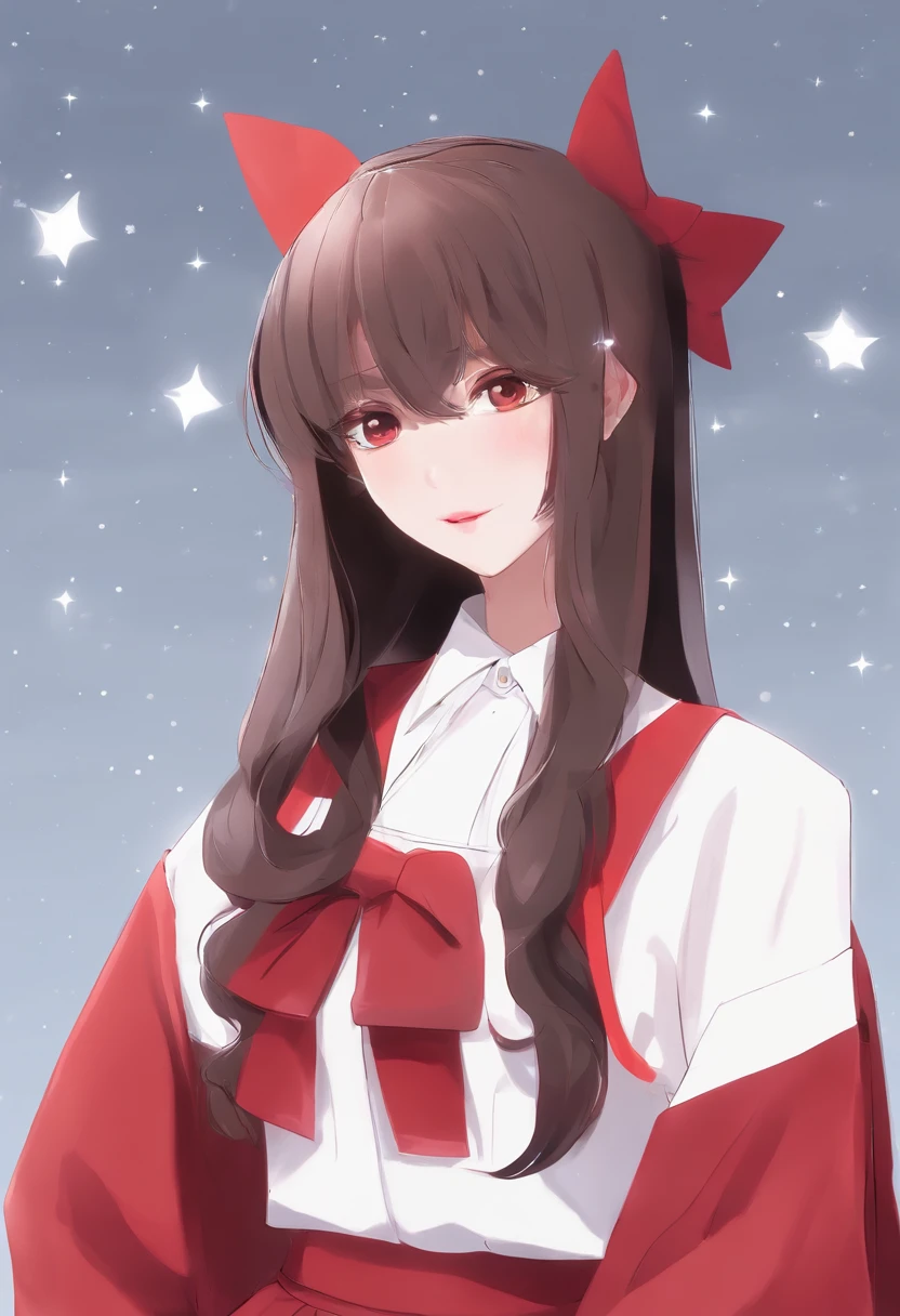 girl,19years old,Brown hair long,Hair is slightly curled,red headgear,Black gemstone decoration on the hair,Red skirt,Full body like,background starry sky