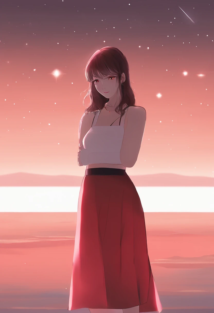 girl，19years old，Brown hair long，Hair is slightly curled，red headgear，Black gemstone decoration on the hair，Red skirt，Full body like，background starry sky