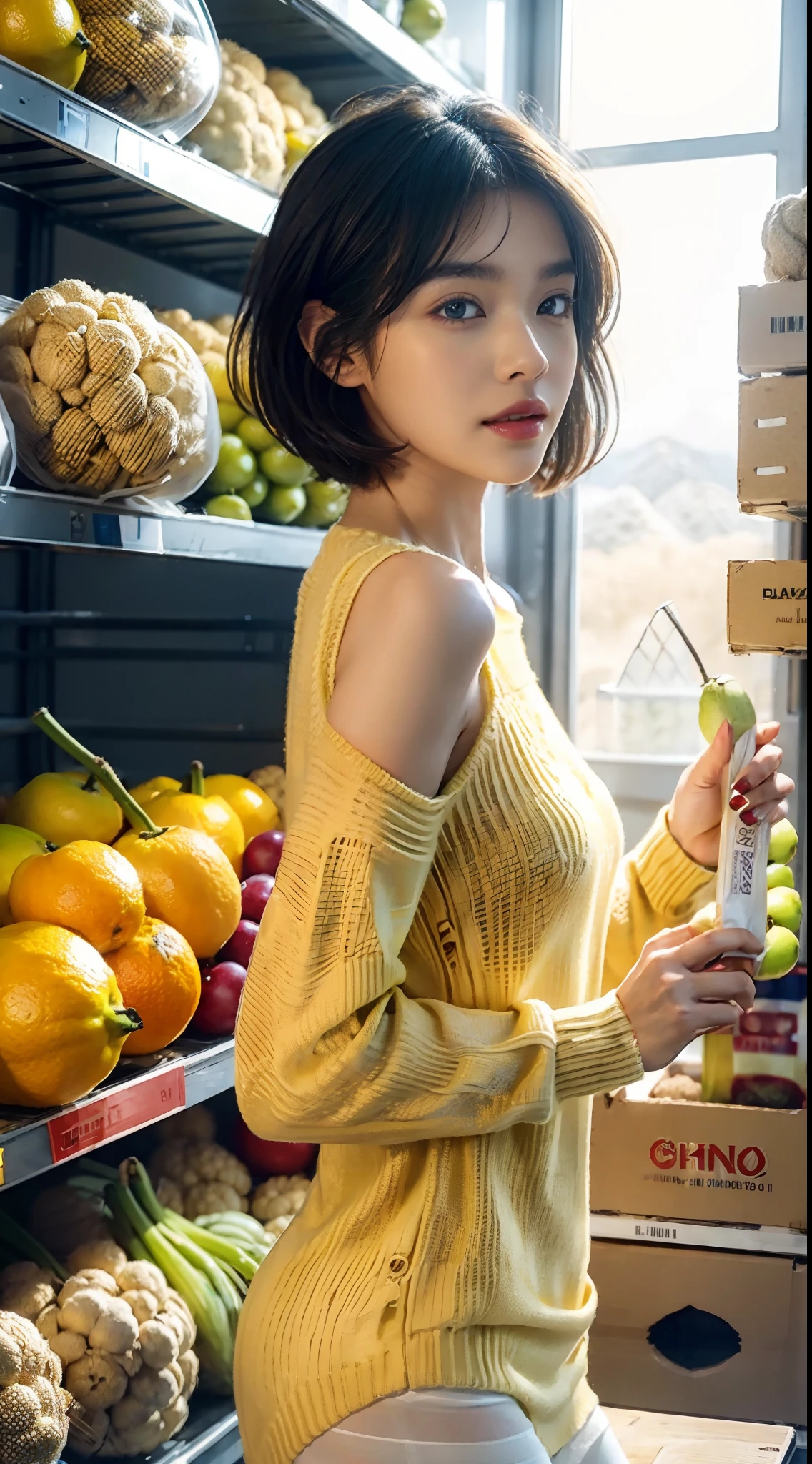 (shoulder length straight short black hair:0.9), （Extremely meticulous CG 8k wallpaper），（Extremely refined and beautiful），（Masterpiece），（best qualtiy：1.0），（Ultra High Resolution：1.0），beautiful light up，Perfect lightning，realistic shaded，[A high resolution]，Smooth and flawless fair skin，Extremely exquisite facial details,(perfect body:1.1），ultra - detailed,A beautiful girl,small head,(Small breasts:1.1),Flat chests,slim,thin,laughing,happy,(yellow sweater dress:1.5),(white pantyhose:1.4),(white sneakers:1.3),standing,(In an indoor warehouse:1.5),(Fruits, vegetables, and grains piled up like mountains On the shelves:1.5),Portrait photo,from side,cowboy shot,(upper body:1.5)