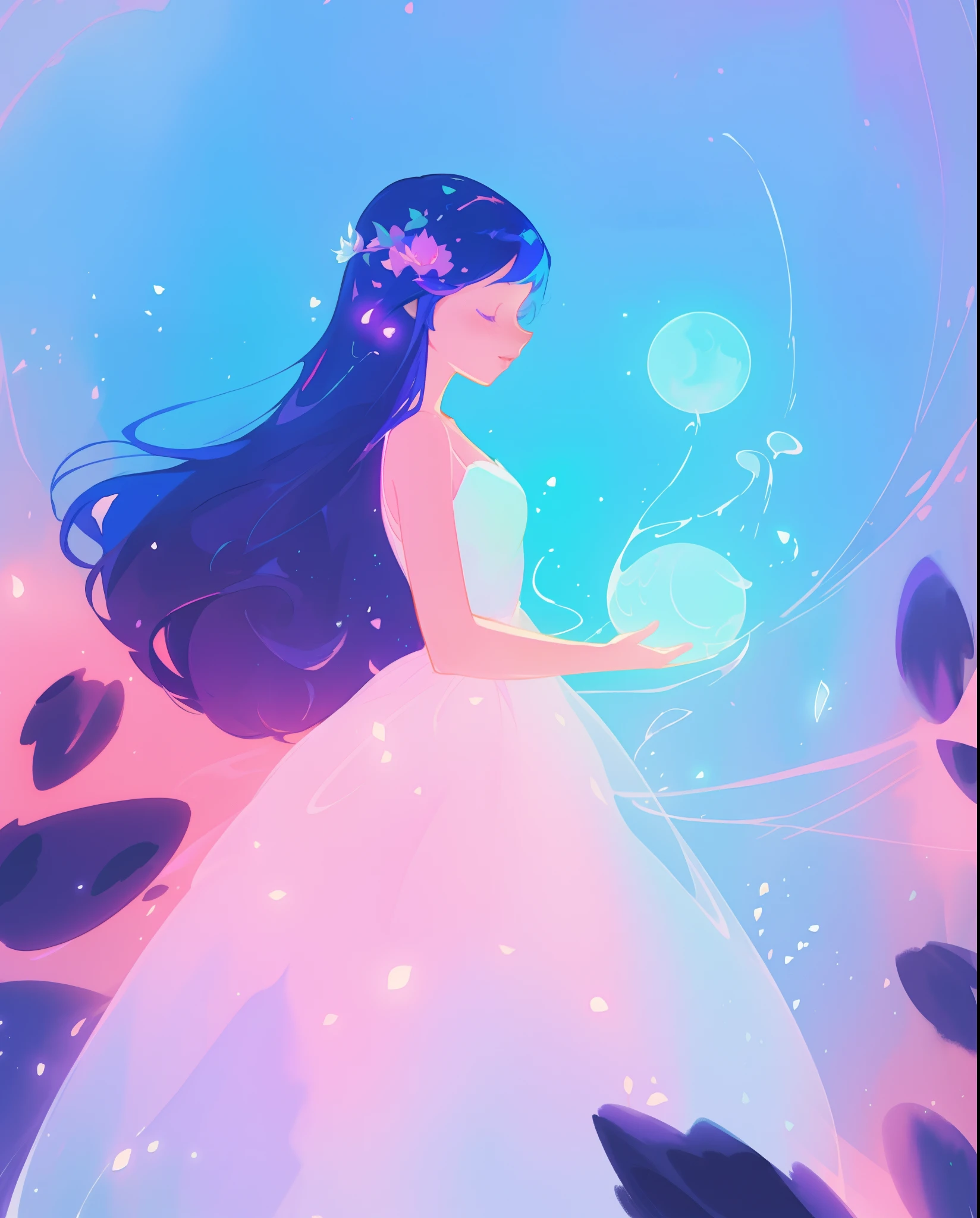 beautiful girl in puffy white ballgown, long dark hair, magical glowing blue lights coming from her hands, magical, whimsical, blue pink and purple colors, watercolor illustration, inspired by Glen Keane, inspired by Lois van Baarle, disney art style, by Lois van Baarle, glowing aura around her, by Glen Keane, jen bartel, glowing lights! digital painting, flowing glowing hair, glowing flowing hair, beautiful digital illustration, fantasia otherworldly landscape plants flowers, beautiful, masterpiece, best quality, anime disney style