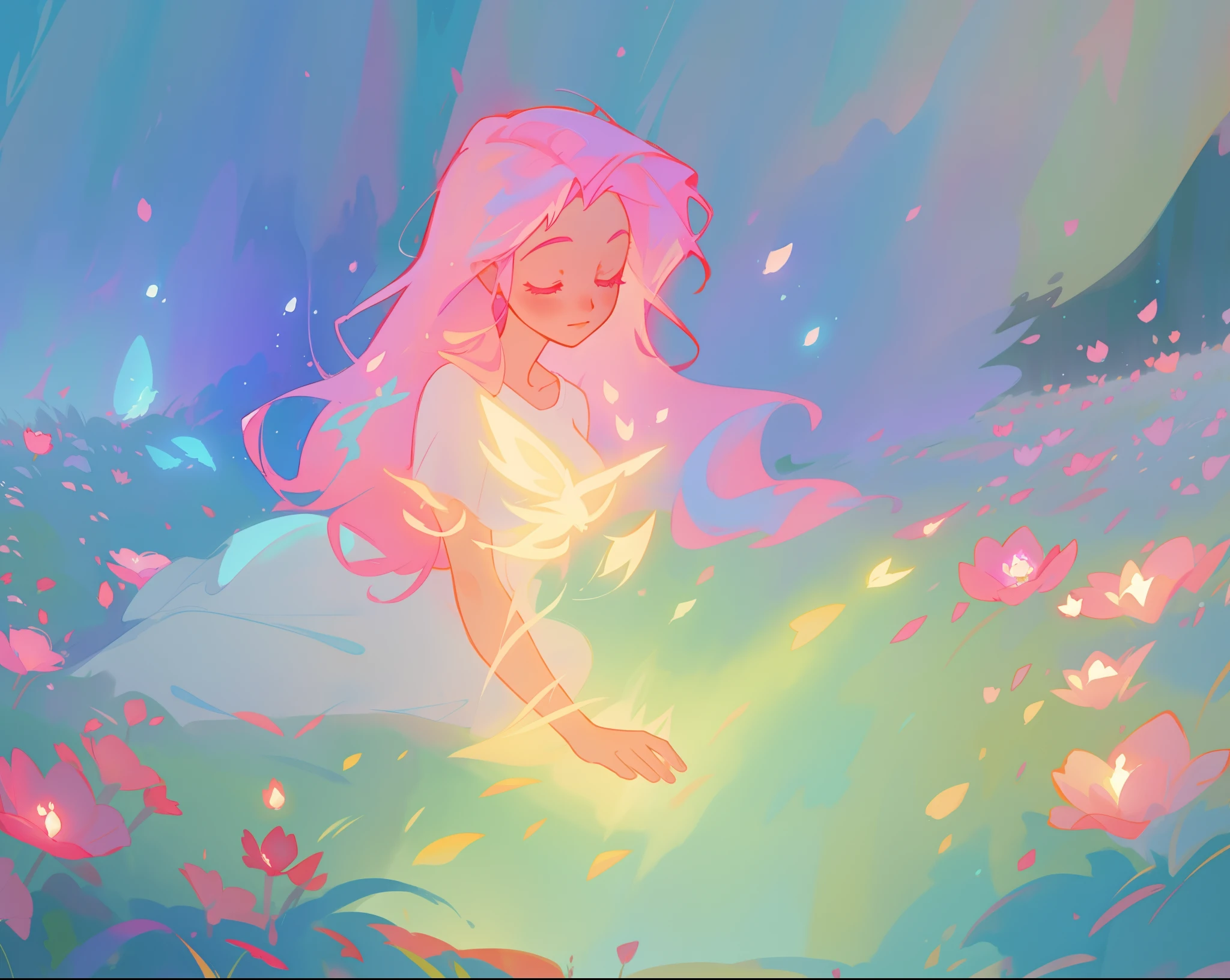 beautiful girl in white dress, fairy dress, beautiful girl sitting in a field with pink red flowers, glowing lights, whimsical landscape, long pink flowing hair, watercolor illustration, inspired by Glen Keane, inspired by Lois van Baarle, disney art style, by Lois van Baarle, glowing aura around her, by Glen Keane, jen bartel, glowing lights! digital painting, flowing glowing hair, glowing flowing hair, beautiful digital illustration, fantasia otherworldly landscape plants flowers, beautiful, masterpiece, best quality, anime disney style
