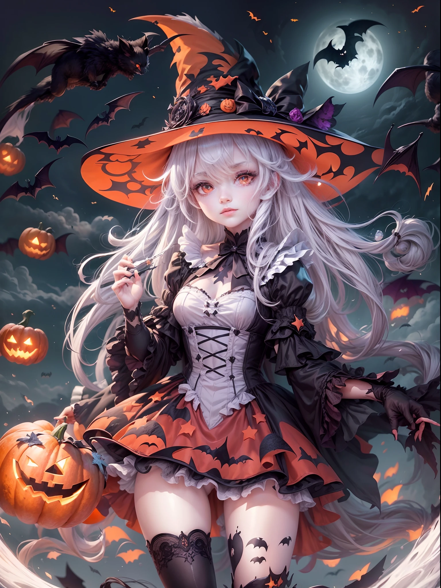 ((masterpiece:1)),(((best quality))),illustration,extremely detailed 8k wallpaper,colorful,[(white background:1.4)::5],

1girl,white hair,red eyes,shining eyes,
wansheng, flat color, 1girl, witch hat, hat, long hair, solo, jack-o'-lantern, halloween, moon, thighhighs, bat (animal), looking at viewer, dress, full body, gloves, pumpkin, witch, black thighhighs, star (symbol), bow,(pale skin:1.2),

(ghost)


beautiful and detailed cloudy sky,castle,bat (animal),(halloween:1.1),full red moon,Beautiful and detailed black,(jack-o'-lantern:0.8)

 (Abstract Art:1.35),(flat color:1.3),(high contrast:1.3),happy halloween,(candy:1.2)
, wansheng,

,(hexagon:1.1),(fight stance),(from bottom:0.9),lighting surrounded,water surround,full moon,

original,(illustration:1.1),(best quality),(extremely detailed CG unity 8k wallpaper:1.1), (colorful:0.9),(imid shot:0.95),(full body:1.25),Dynamic angle,

 (Style of Comic and Animation:1.3),(Oil Painting:0.8),(sketch:0.6), WaHaa, JaLanteen, vampire