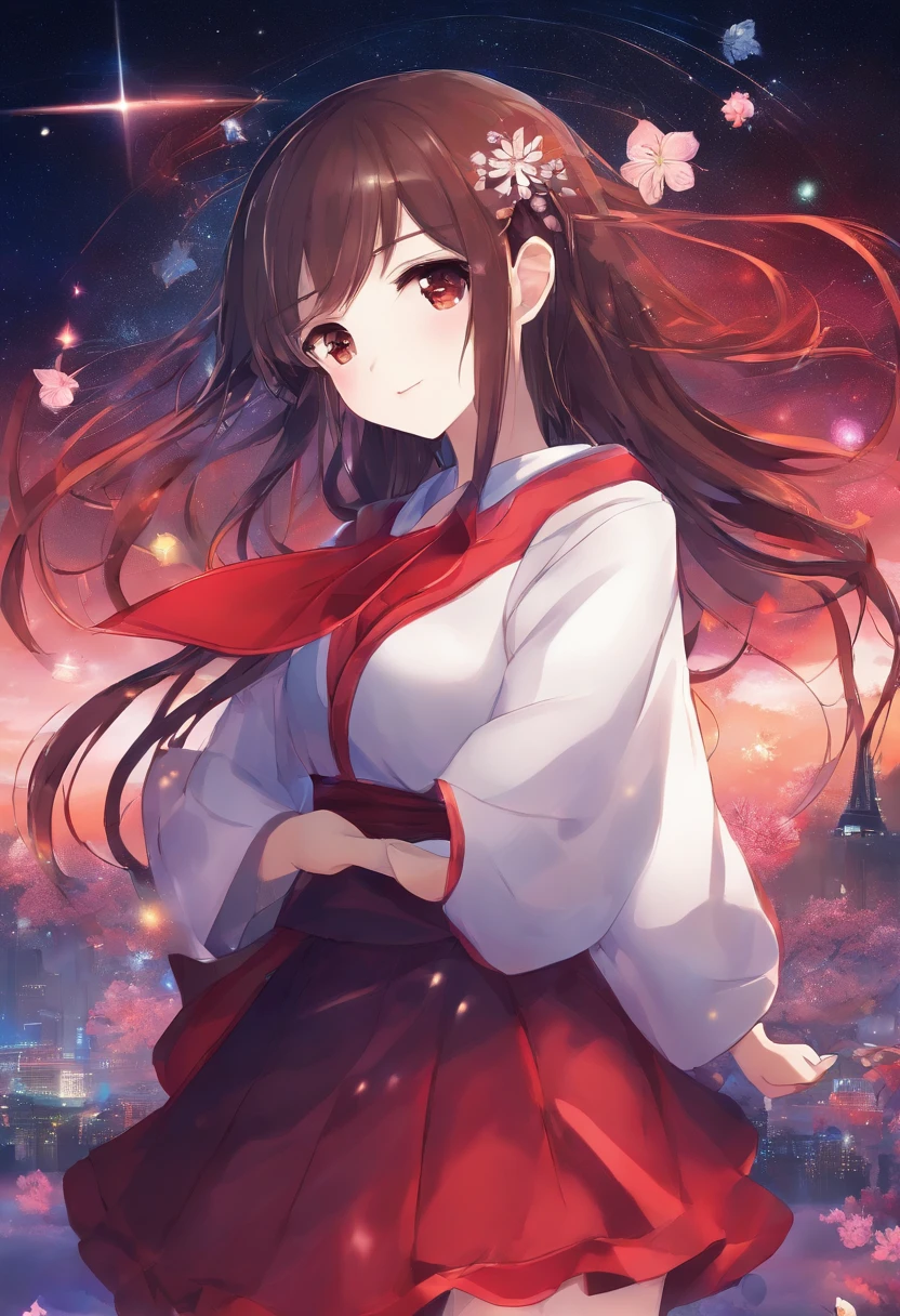 girl，19years old，Brown hair long，Hair is slightly curled，red headgear，Black gemstone decoration on the hair，Red skirt，Full body like，background starry sky