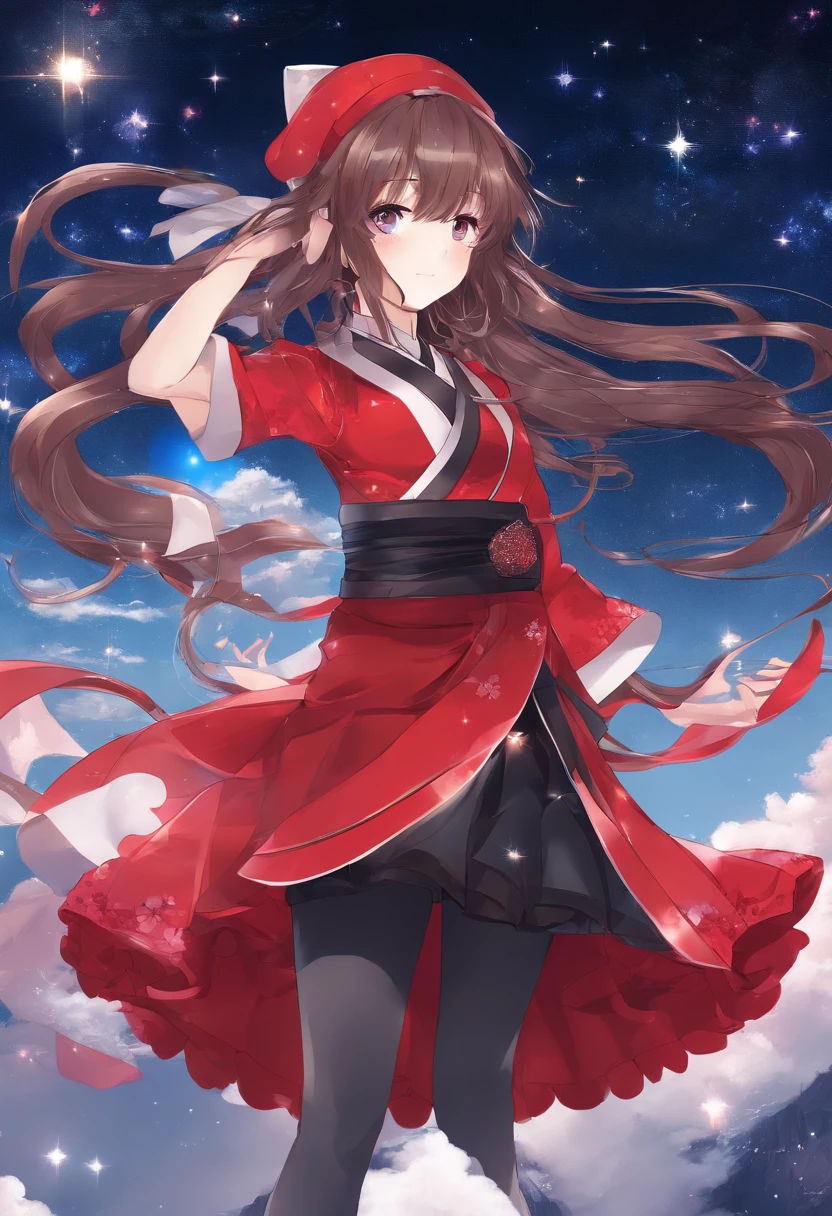 girl,19years old,Brown hair long,Hair is slightly curled,red headgear,Black gemstone decoration on the hair,Red skirt,Full body like,background starry sky