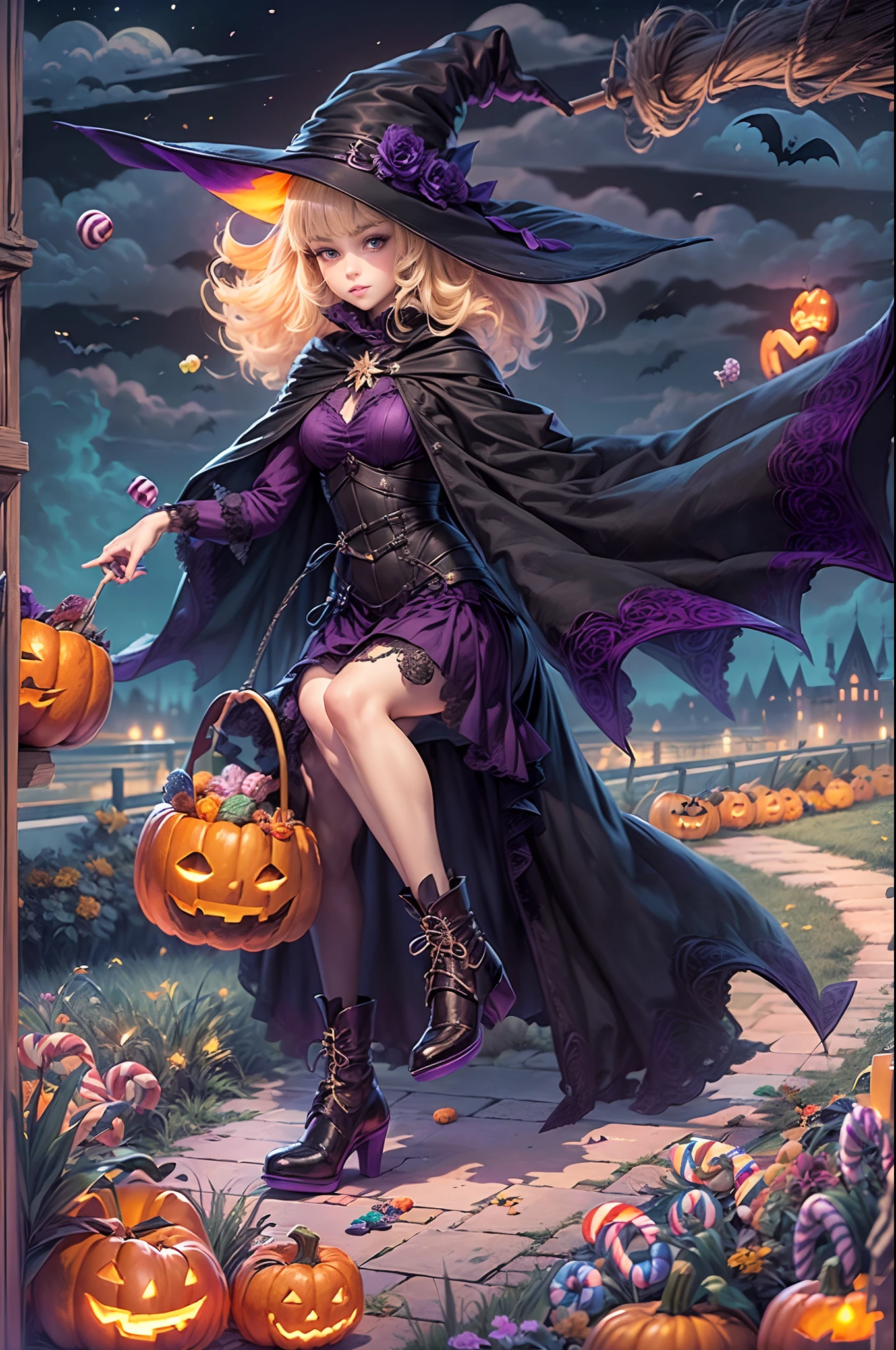 (((Masterpiece))),((Best quality))),A high resolution,absurderes,((view the viewer:1.4)),1gril,full bodyesbian,(halloween:1.3),Happy Halloween,Castlejack-o'-Lantern（Castle Jack Lantern Hotel）,pumpkins,(Pumpkin hood:1.2),(A Grill trolley jumper:1.2),((Confectionery,A bunch of candy:1.6)),Bags full of sweets,(Ghosts:1.2),Ghost flying,bat (Animal),Bats fly,(flower,Grass,a plant:1.4),Sitting,(broom:1.4),(Sit on a broomstick, Witches fly in the air:1.2),(Take the broom in your hand:1.1),Medium hair,Blonde hair,Wavy hair,Straight hair,diagonal bangs,Blush,fake smile,Black eyes,Small breasts,Cape,Black cape,Hat,broom,Witch hat,Martin boots,Night,Outdoors,sky,Moon,full moon,(Cloud,Road:1.3),(Castle:1.2),Bare tree,tree,(purple color-theme:1.4),(Rich colors,expressive technique:1.4), Blackmagic（Black magic）, Waha