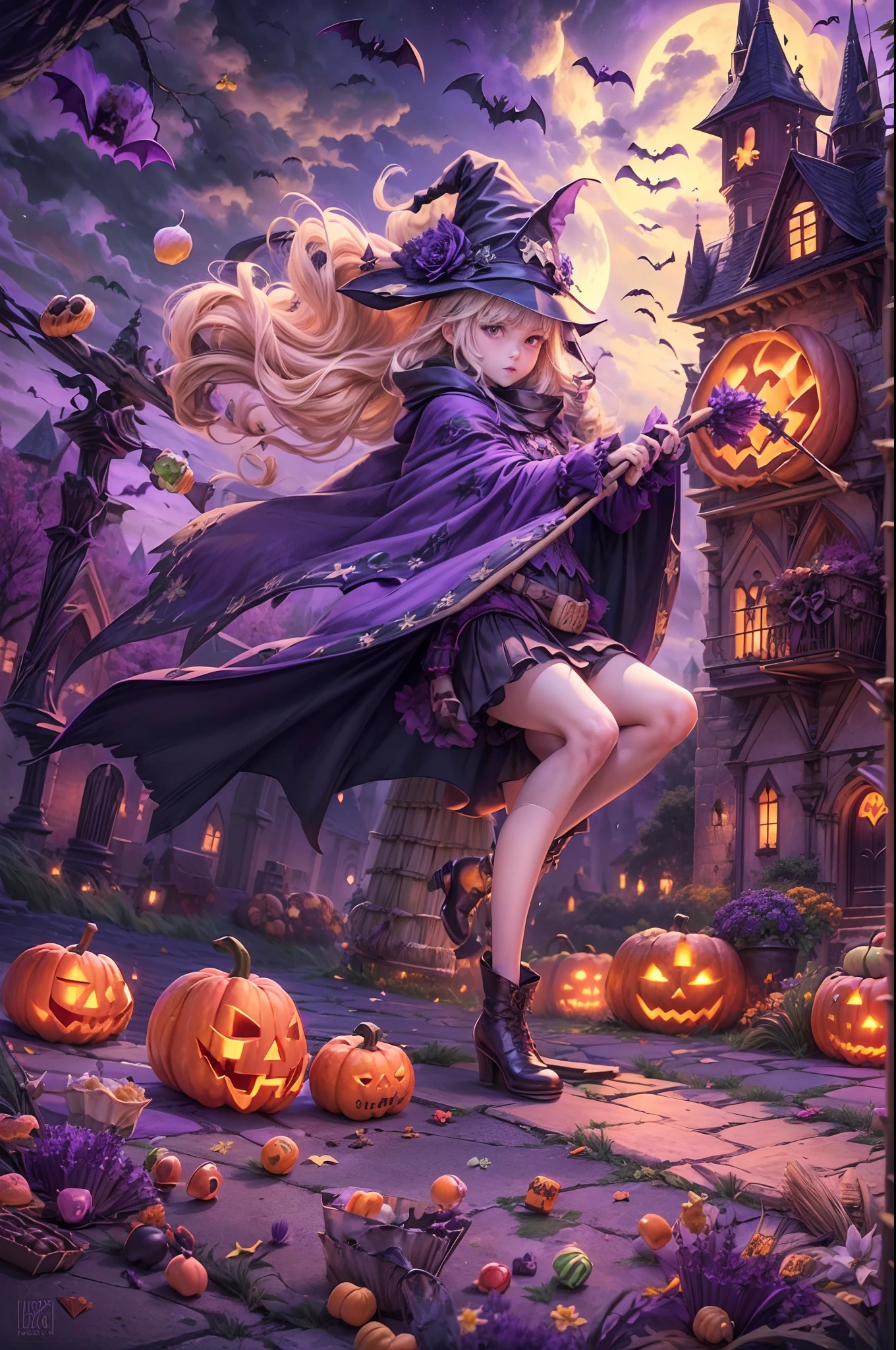 (((Masterpiece))),((Best quality))),A high resolution,absurderes,((view the viewer:1.4)),1gril,full bodyesbian,(halloween:1.3),Happy Halloween,Castlejack-o'-Lantern（Castle Jack Lantern Hotel）,pumpkins,(Pumpkin hood:1.2),(A Grill trolley jumper:1.2),((Confectionery,A bunch of candy:1.6)),Bags full of sweets,(Ghosts:1.2),Ghost flying,bat (Animal),Bats fly,(flower,Grass,a plant:1.4),Sitting,(broom:1.4),(Sit on a broomstick, Witches fly in the air:1.2),(Take the broom in your hand:1.1),Medium hair,Blonde hair,Wavy hair,Straight hair,diagonal bangs,Blush,fake smile,Black eyes,Small breasts,Cape,Black cape,Hat,broom,Witch hat,Martin boots,Night,Outdoors,sky,Moon,full moon,(Cloud,Road:1.3),(Castle:1.2),Bare tree,tree,(purple color-theme:1.4),(Rich colors,expressive technique:1.4), Blackmagic（Black magic）, Waha