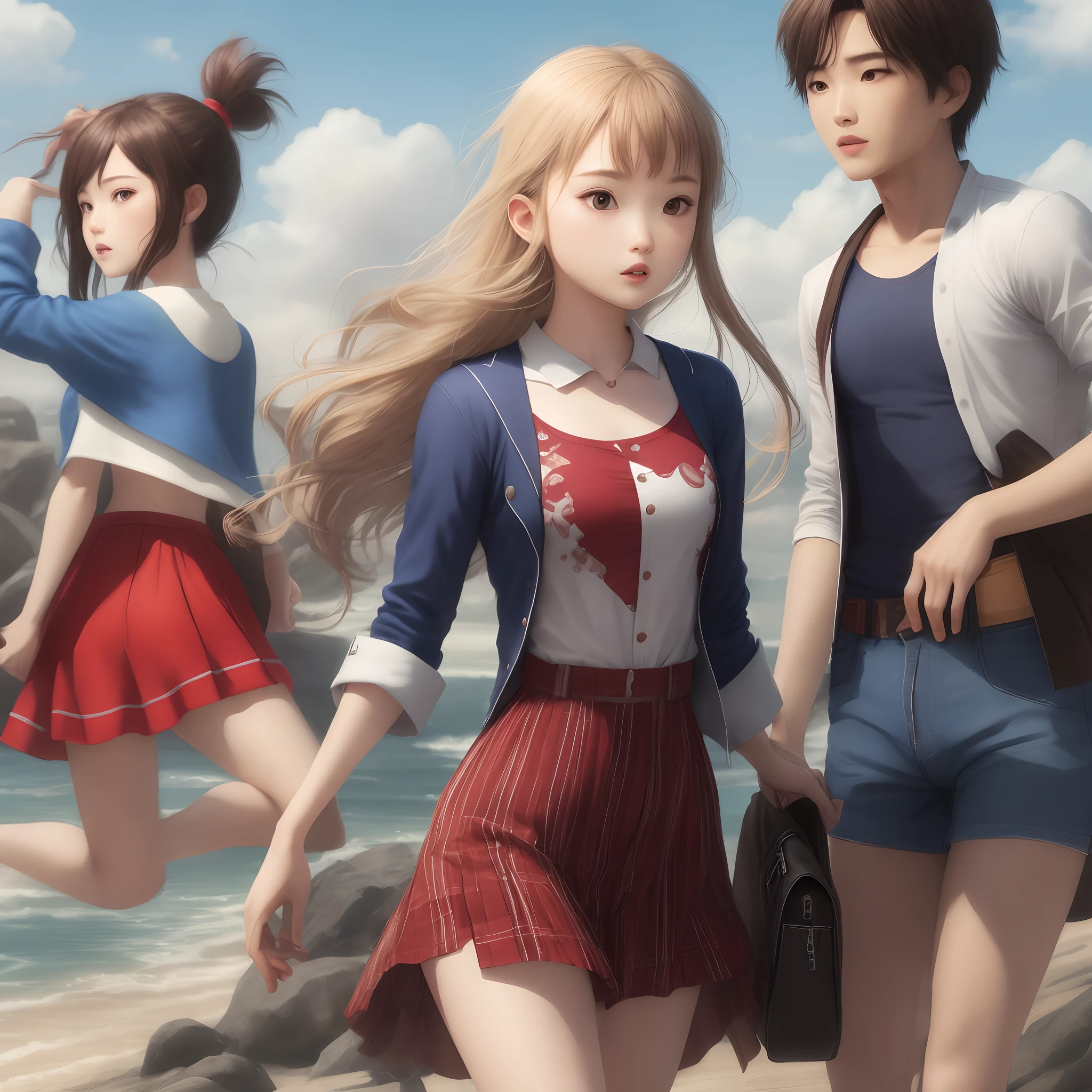 ((3 16-year-old girls,walk by the sea,Look up at the sky,Photographed from below)),((wearing white shirt,short skirt,no shoes,perfect face,high ponytail,big breasts))