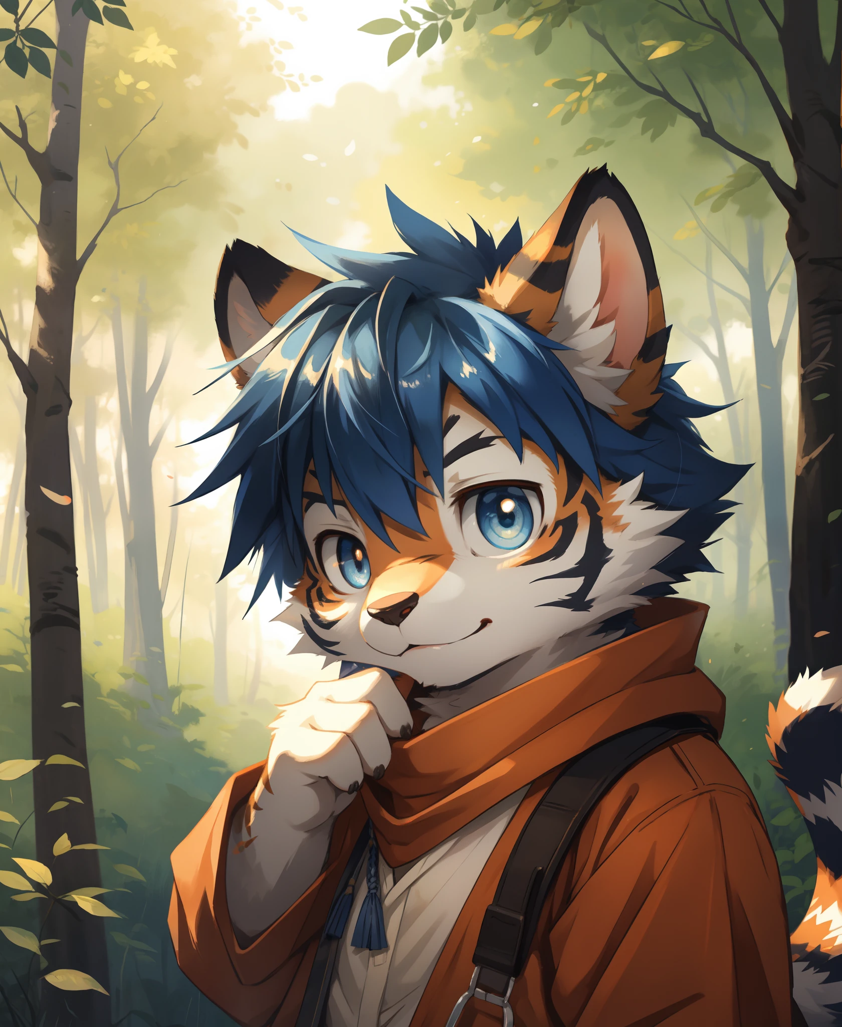 by dagasi, (by carrot:0.6), (by silverfox5213), by castitas, by tsukune minaga, (by manmosu marimo:0.6), by kenket,, White Tiger, (best quality, masterpiece:1), solo, furry male anthro, blue eyes, medium hair, blue hair, portrait, fingers, finger claws, looking at viewer, tiger tail ,(outdoors dark forest trees blurry blurred background:1.1),