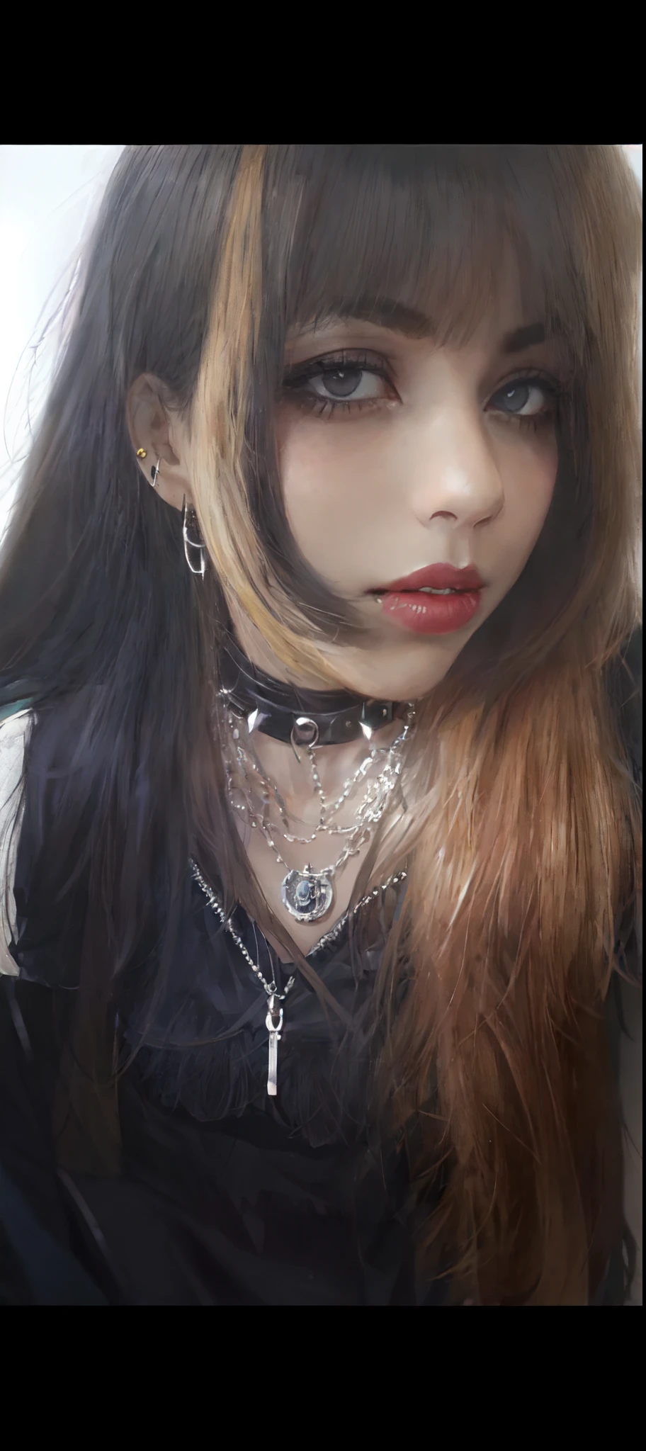 a close up of a woman with a necklace and a choke, piercings collar, wearing spikes and piercings, wearing choker, 1 7 -  - old h girl, wearing black choker, choker on neck, wearing intricate black choker, wearing gothic accessories, wearing detailed leather collar, goth girl, goth girl aesthetic, cruel korean goth girl, goth vibe