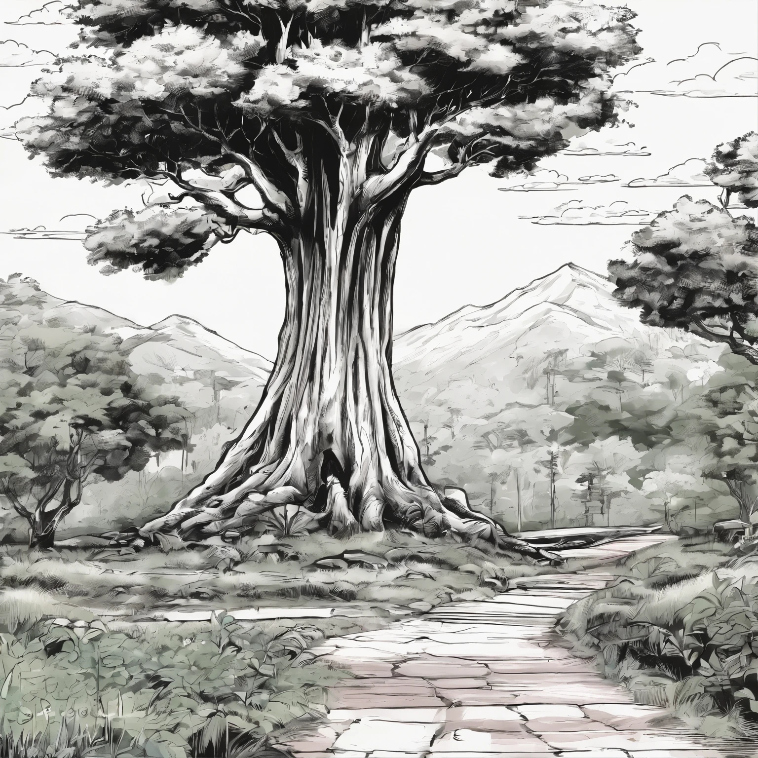A black and white commercial illustration of a huge tree, com folhas bem verdes, abaixo dela tem um salgueiro bem menor, To your right is a smaller tree. He's got very large leaves, The tree is located in a parking lot. Parking is portrayed in a natural way, com grama ao redor. The image should have a comedic style, with fine strokes and a touch of manga. The tree should be depicted in detail, with his expression demonstrating purity and determination in his task. A imagem deve ser em preto e branco, with a pencil and ink caricature drawing style. Be sure to catch willow tree below the tree, but not so glued together symbolizing unity and hope in the face of life's challenges.", 8k