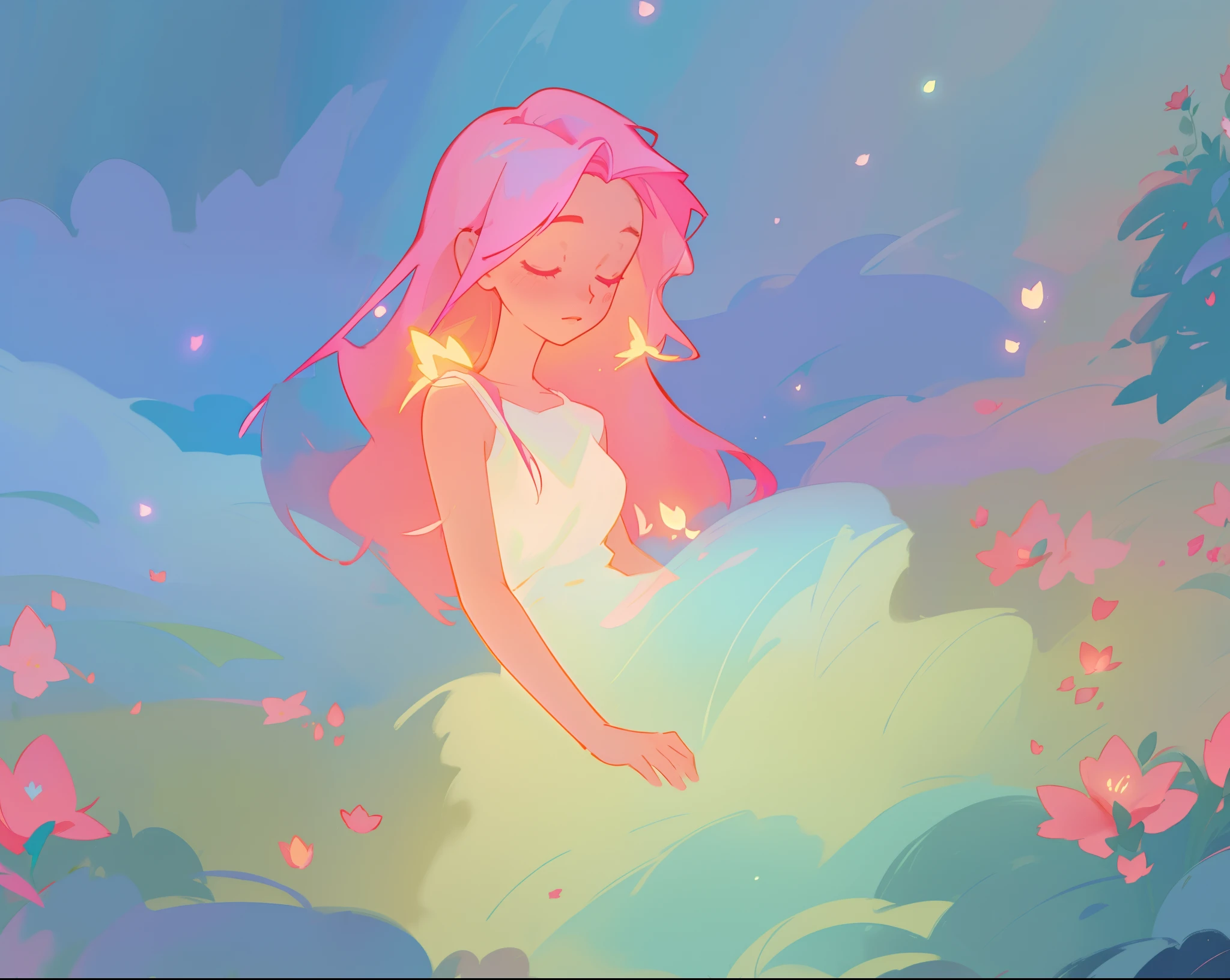 beautiful girl in white dress, fairy dress, beautiful girl sitting in a field with pink red flowers, glowing lights, whimsical landscape, long pink flowing hair, watercolor illustration, inspired by Glen Keane, inspired by Lois van Baarle, disney art style, by Lois van Baarle, glowing aura around her, by Glen Keane, jen bartel, glowing lights! digital painting, flowing glowing hair, glowing flowing hair, beautiful digital illustration, fantasia otherworldly landscape plants flowers, beautiful, masterpiece, best quality, anime disney style