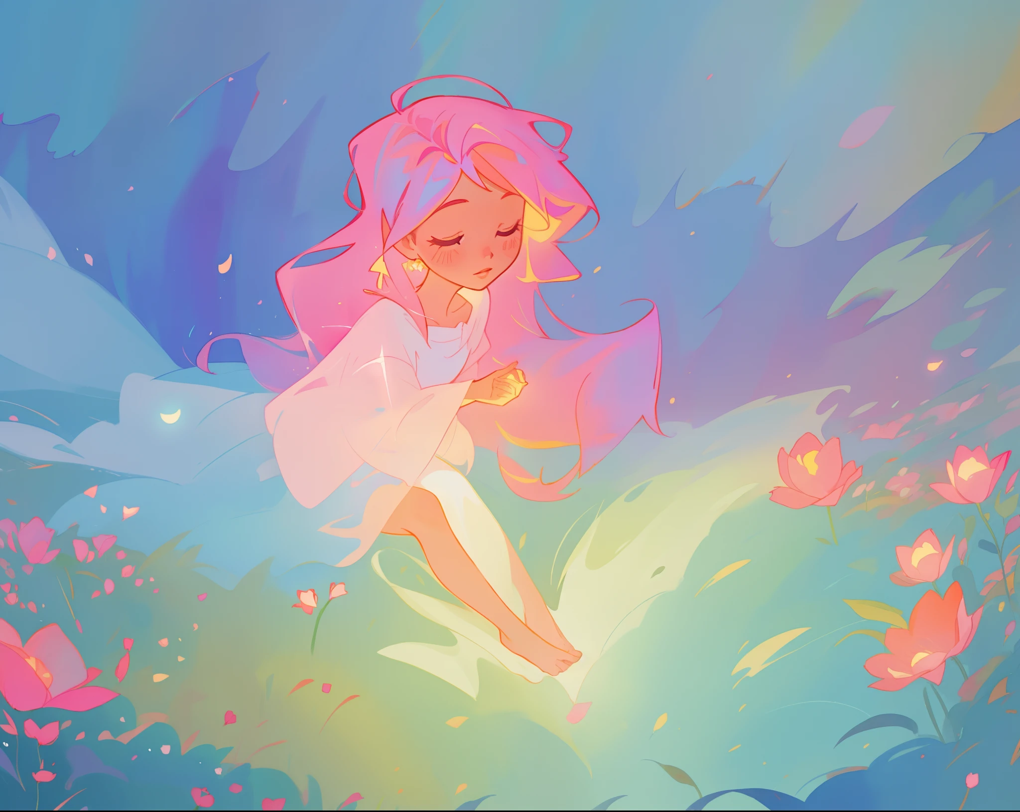 beautiful girl in white dress, fairy dress, beautiful girl sitting in a field with pink red flowers, glowing lights, whimsical landscape, long pink flowing hair, watercolor illustration, inspired by Glen Keane, inspired by Lois van Baarle, disney art style, by Lois van Baarle, glowing aura around her, by Glen Keane, jen bartel, glowing lights! digital painting, flowing glowing hair, glowing flowing hair, beautiful digital illustration, fantasia otherworldly landscape plants flowers, beautiful, masterpiece, best quality, anime disney style