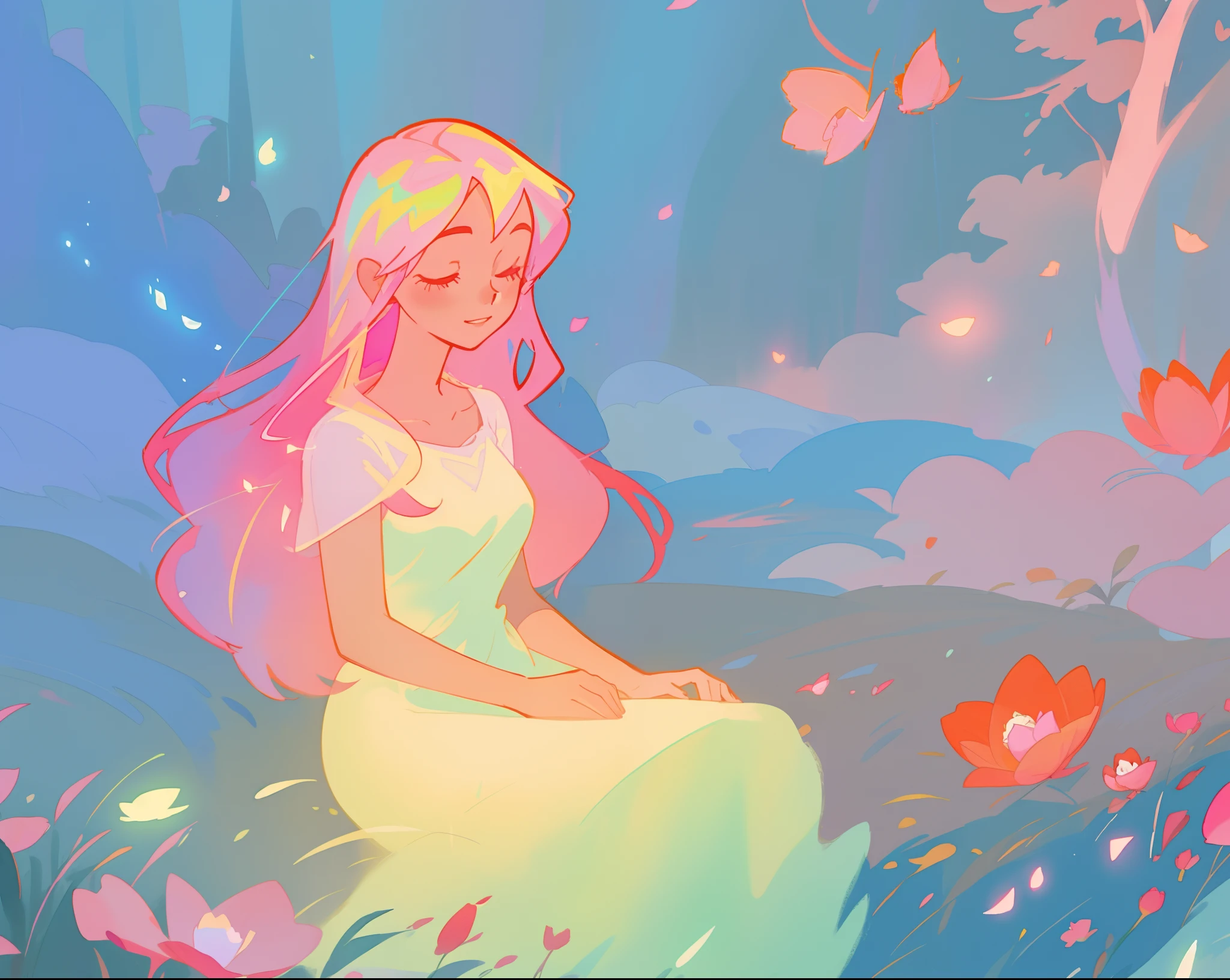 beautiful girl in white dress, fairy dress, beautiful girl sitting in a field with pink red flowers, glowing lights, whimsical landscape, long pink flowing hair, watercolor illustration, inspired by Glen Keane, inspired by Lois van Baarle, disney art style, by Lois van Baarle, glowing aura around her, by Glen Keane, jen bartel, glowing lights! digital painting, flowing glowing hair, glowing flowing hair, beautiful digital illustration, fantasia otherworldly landscape plants flowers, beautiful, masterpiece, best quality, anime disney style