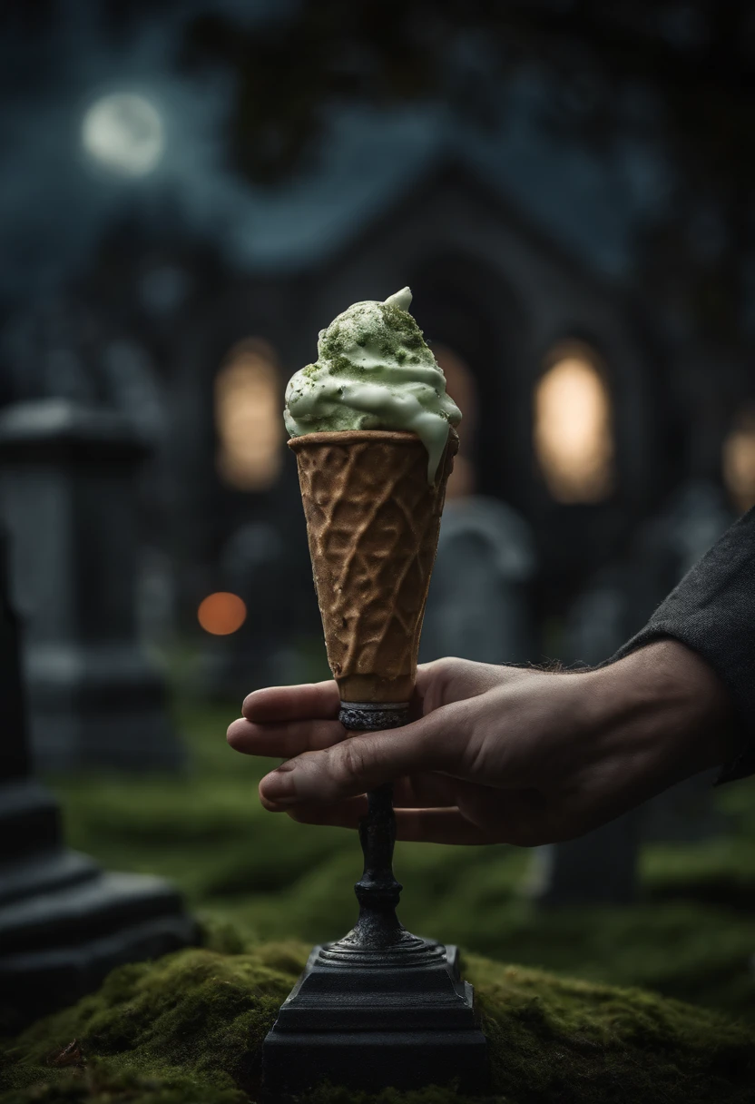 halloween, horror, zombie hand coming out of the ground holding a glass of ice cream, with cemetery background, evil pumpkin, candles, mosses, owls, catatomb, dry trees, spiders, high definition image, best quality, (8k) high definition