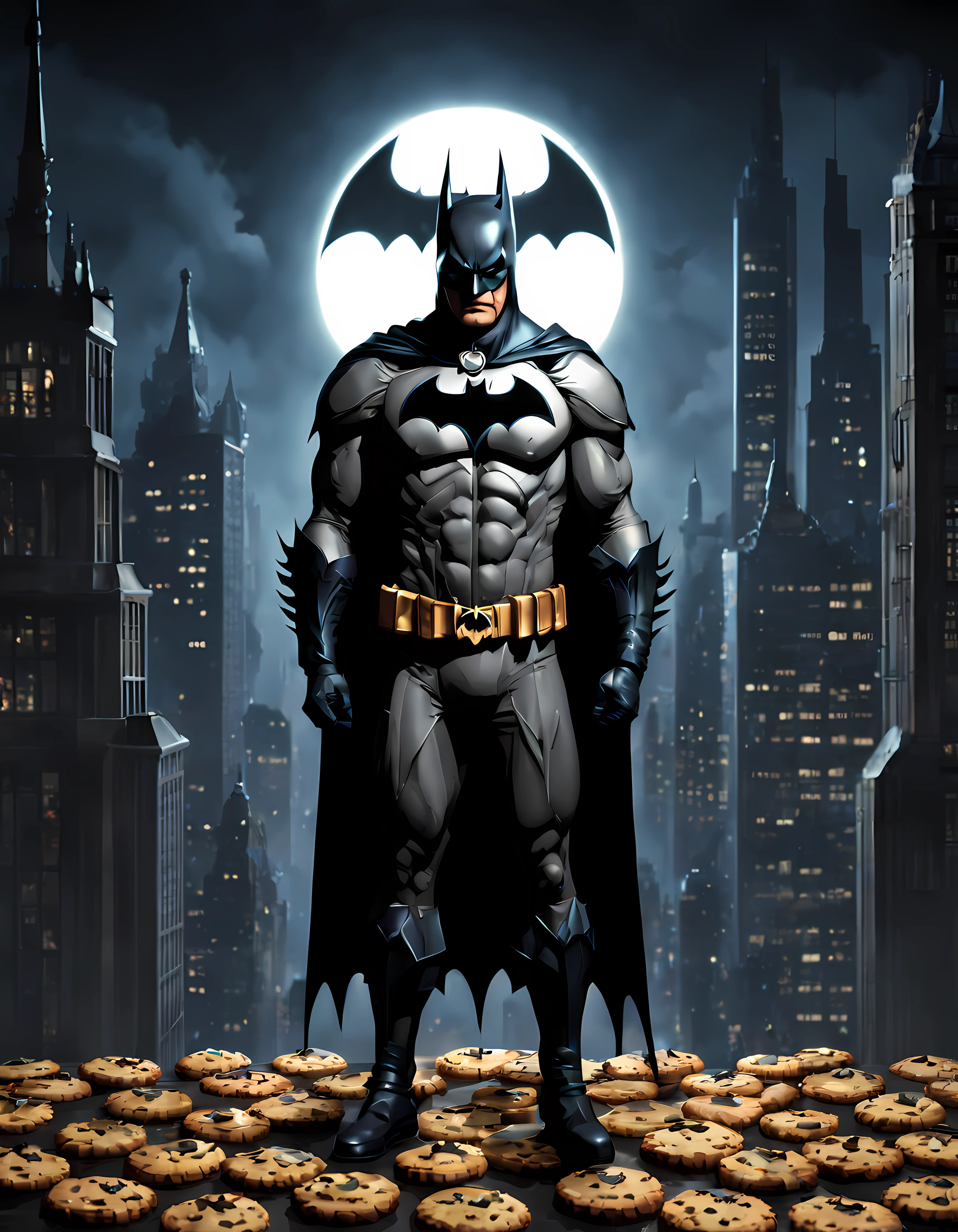 (Pixel art:1.5) (((full body photo))) standing (solo:1.3) (((batman))) (((looking straight at the viewer))) ((fangs)) (((ominous straight look))), (((wearing a magical shiny pendant in the shape of a cookie))), (((epic Gotham City background))), 4k, masterpiece, ultra high quality, pixel