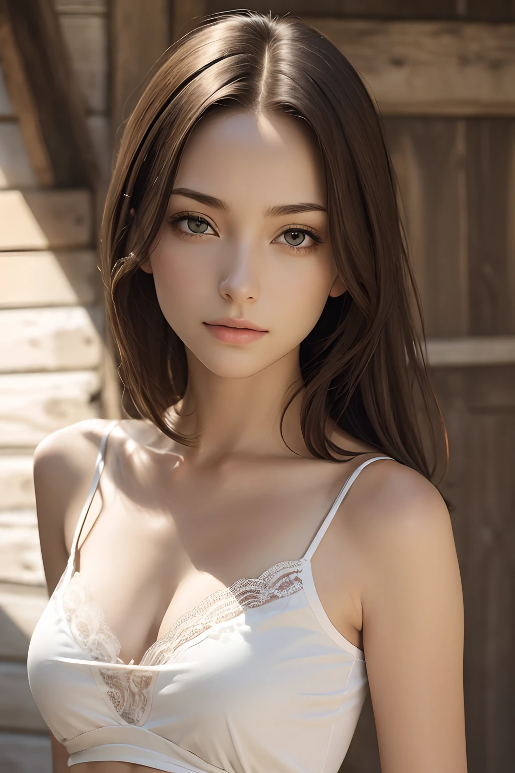 (masutepiece, Best Quality, Photorealistic, hight resolution, Photography, :1.3), Very close-up shot, Sharp Focus, 1 brunette girl, European Girl, hotmodel, Midriff, Highly detailed eyes and pupils, Realistic skin, Slim body shape, cleavage, very detail hair, Delicate sexy face, Organoleptic gas, shiny lips, ((wearing camisole)), ,The background is a town, ((Realistic, Super realistic, Realism, realistic detail)