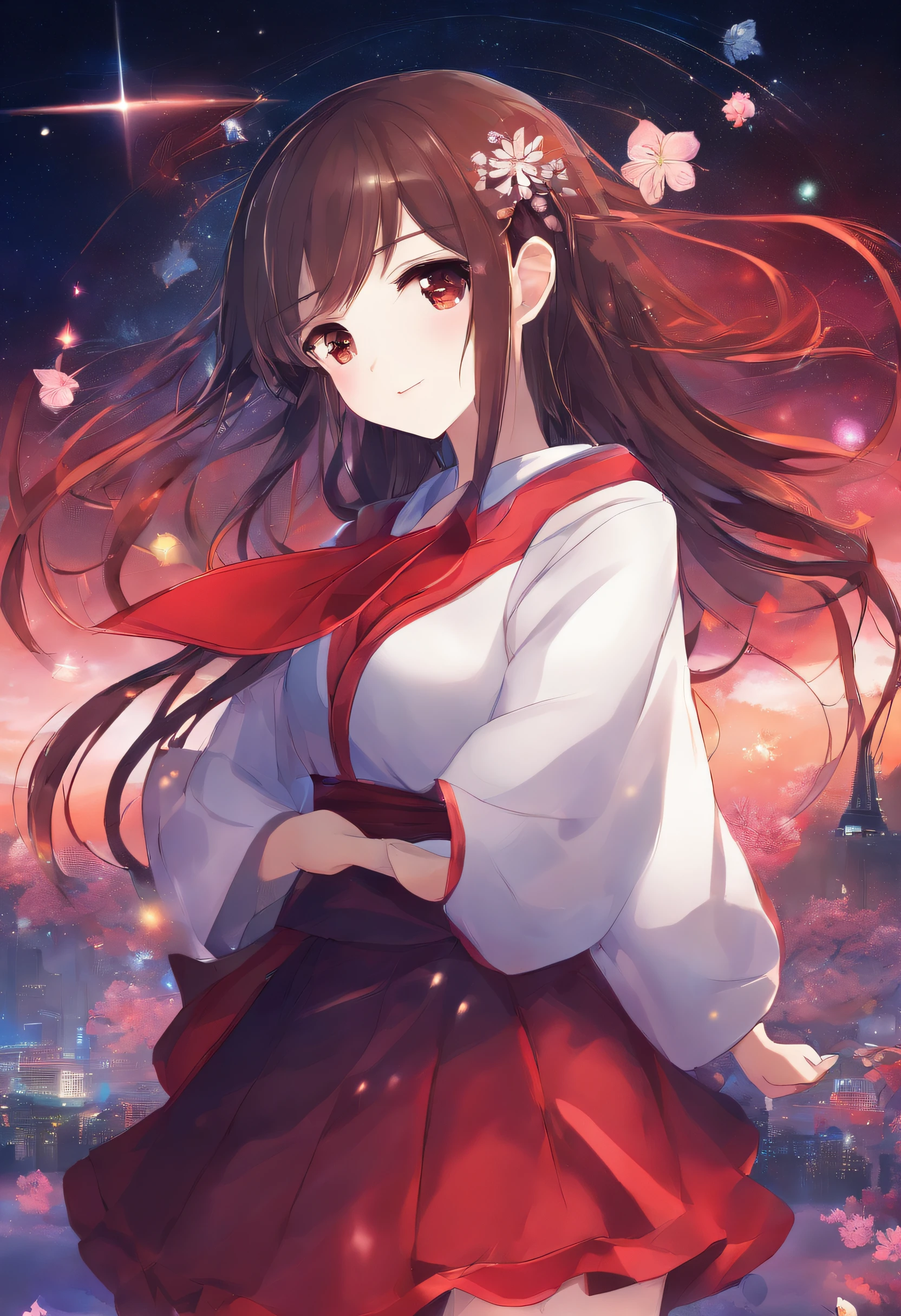 girl,19years old,Brown hair long,Hair is slightly curled,red headgear,Black gemstone decoration on the hair,Red skirt,Full body like,background starry sky
