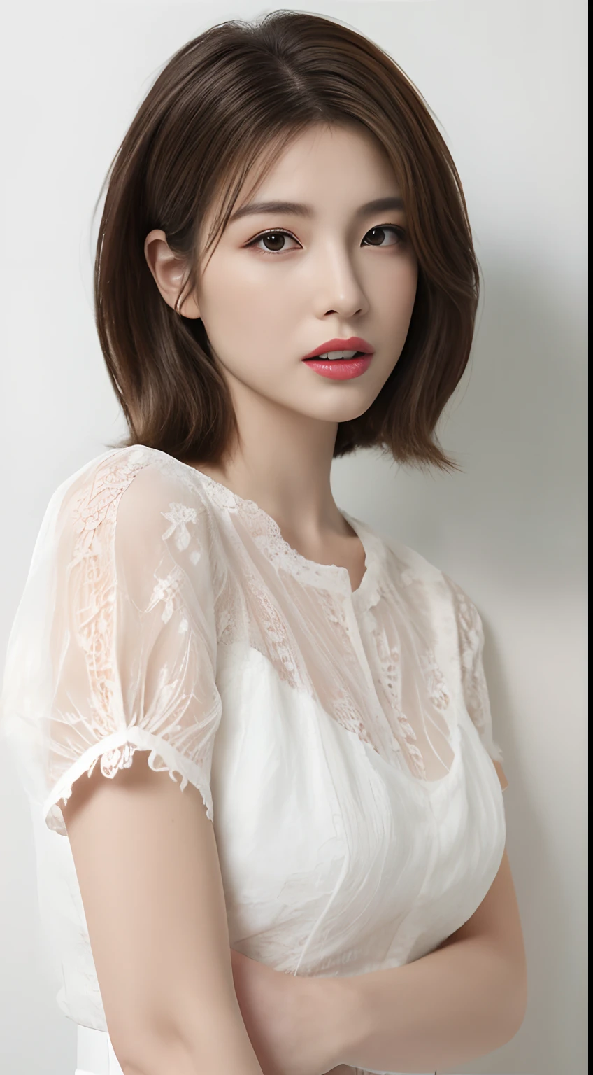 ((top-quality、8K、​masterpiece：1.3))、Crisp focus：1.2、studio shoot、Beautiful Women in Perfect Style：1.4、Upright landscape：1.2、Full Body Female 1.2,((dark brown hair、Model body type：1.2))、Standing leaning against the wall、(Lace Shirt:1.1)、bust-up photography、The upper part of the body、((White wall background:1.2))、short-cut、Highly detailed facial and skin texture、A detailed eye、二重まぶた、Beautiful white skin、pure、The mouth is in the form of a kiss,Hair Catalog,Expression of delicate hair,