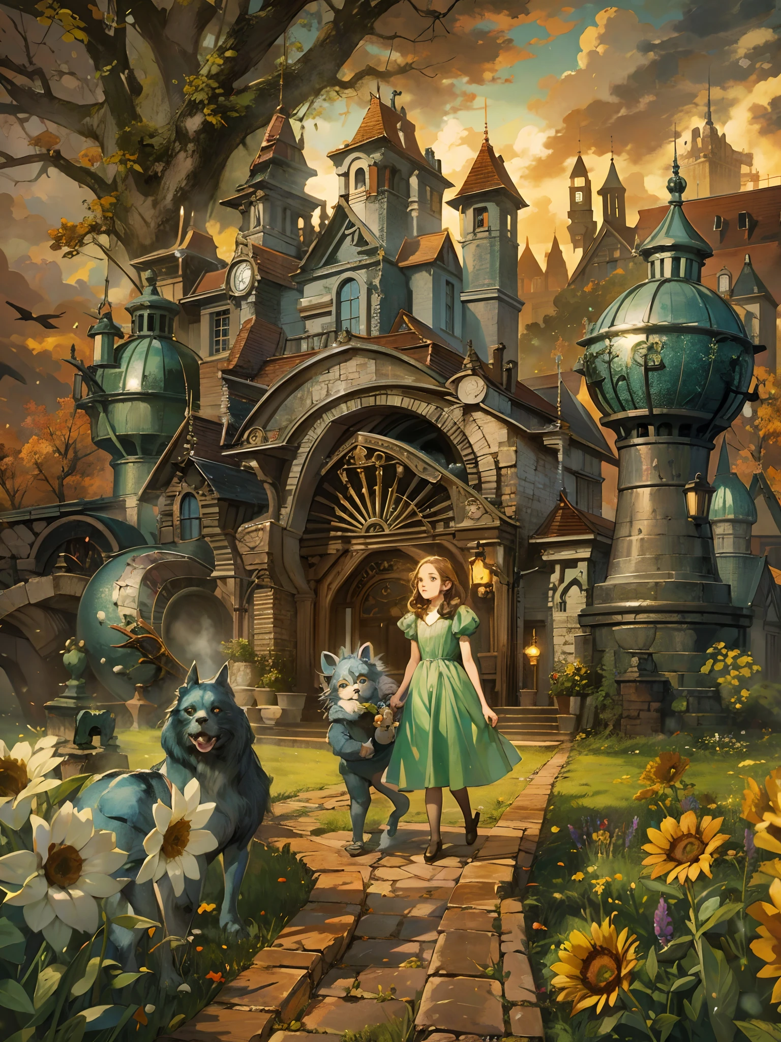 Absurdres masterpiece HDR high quality picture of a random scene from wizard of Oz with a Tim Burton theme style in a beautiful masterpiece background , detailed character, handsome face