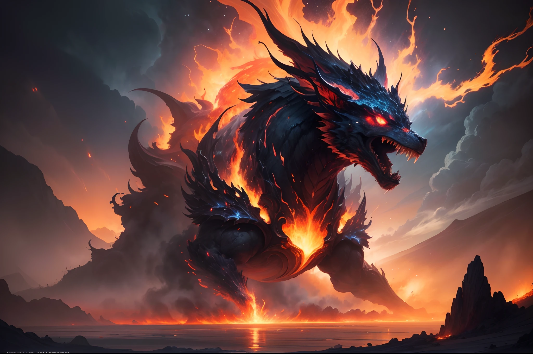 (best quality,4k,8k,highres,masterpiece:1.2),ultra-detailed,(realistic,photorealistic,photo-realistic:1.37),fantasy,volcanic eruption,majestic landscape,vibrant colors,lava flowing,curling smoke,towering volcano,spectacular explosion,glowing lava,fiery sky,dramatic lighting,fiery-red magma,torrents of lava,smoldering embers,ash-filled atmosphere,fantastical creatures,surreal atmosphere,tumultuous energy,awe-inspiring power,magnificent spectacle,mesmerizing beauty,magical ambiance,otherworldly scene,dynamic composition,stunning vista,unforgettable experience,enchanted realm,volatile forces,unleashed energy,primordial chaos,mystical allure,luminous glow,spellbinding moment,transcendent power,grandeur of nature,immersive landscape,ethereal spectacle,transcending reality
