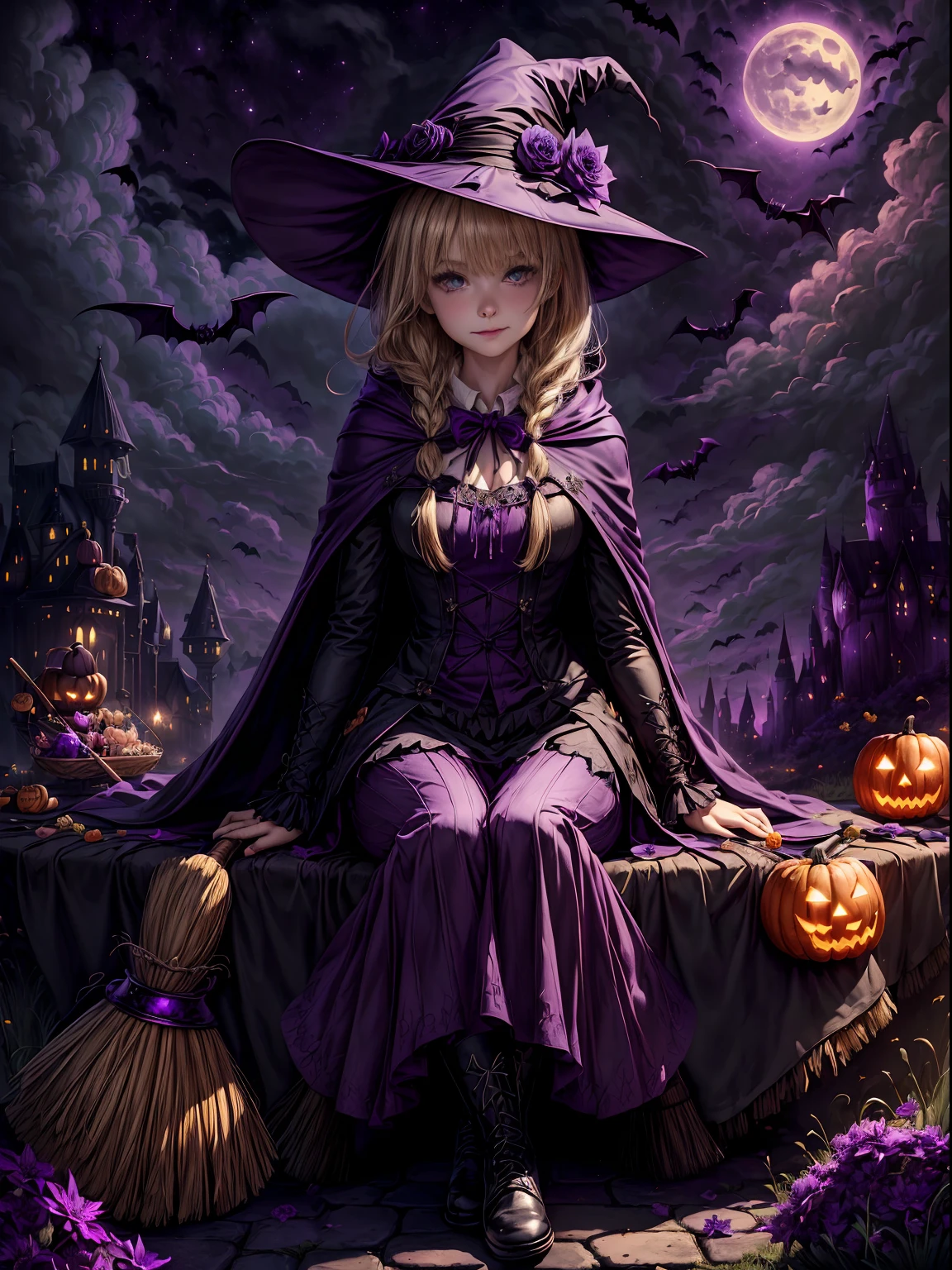 (((Masterpiece))),((Best quality))),A high resolution,absurderes,((view the viewer:1.4)),1gril,full bodyesbian,(halloween:1.3),Happy Halloween,Castlejack-o'-Lantern（Castle Jack Lantern Hotel）,pumpkins,(Pumpkin hood:1.2),(A Grill trolley jumper:1.2),((Confectionery,A bunch of candy:1.6)),Bags full of sweets,(Ghosts:1.2),Ghost flying,bat (Animal),Bats fly,(flower,Grass,a plant:1.4),Sitting,(broom:1.4),(Sit on a broomstick, Witches fly in the air:1.2),(Take the broom in your hand:1.1),Medium hair,Blonde hair,Wavy hair,Straight hair,diagonal bangs,Blush,fake smile,Black eyes,Small breasts,Cape,Black cape,Hat,broom,Witch hat,Martin boots,Night,Outdoors,sky,Moon,full moon,(Cloud,Road:1.3),(Castle:1.2),Bare tree,tree,(purple color-theme:1.4),(Rich colors,expressive technique:1.4), Blackmagic（Black magic）, Waha