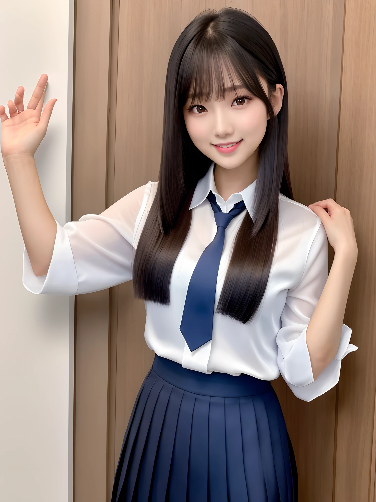 product quality, 1girl, upper body shot, front view, a Japanese young pretty woman, long bob hair, waving her hands slightly with a big smile in front of a door in a luxury mansion in the night, a school bag over her shoulder, glamorous figure, wearing a long sleeve white collared silky satin shirt with shiny satin dark blue plain long tie, wearing a dark blue pleated long skirt, hyper cute face, glossy lips, double eyelids in both eyes, natural makeup, long eyelashes, shiny smooth light brown long bob hair, asymmetrical bangs, a tanned skin, central image, high resolution, high detail, detailed hairstyle, detailed face, spectacular cinematic lighting, octane rendering, vibrant, hyper realistic, perfect limbs, perfect anatomy