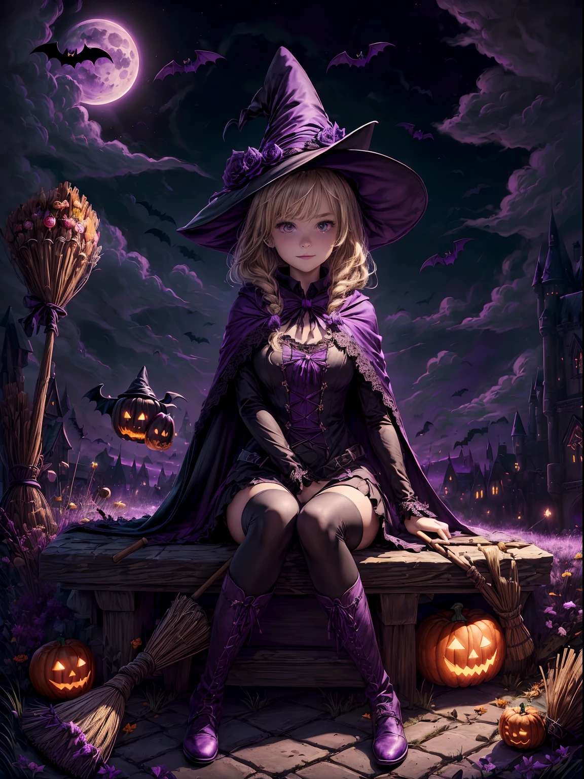 (((Masterpiece))),((Best quality))),A high resolution,absurderes,((view the viewer:1.4)),1gril,full bodyesbian,(halloween:1.3),Happy Halloween,Castlejack-o'-Lantern（Castle Jack Lantern Hotel）,pumpkins,(Pumpkin hood:1.2),(A Grill trolley jumper:1.2),((Confectionery,A bunch of candy:1.6)),Bags full of sweets,(Ghosts:1.2),Ghost flying,bat (Animal),Bats fly,(flower,Grass,a plant:1.4),Sitting,(broom:1.4),(Sit on a broomstick, Witches fly in the air:1.2),(Take the broom in your hand:1.1),Medium hair,Blonde hair,Wavy hair,Straight hair,diagonal bangs,Blush,fake smile,Black eyes,Small breasts,Cape,Black cape,Hat,broom,Witch hat,Martin boots,Night,Outdoors,sky,Moon,full moon,(Cloud,Road:1.3),(Castle:1.2),Bare tree,tree,(purple color-theme:1.4),(Rich colors,expressive technique:1.4), Blackmagic（Black magic）, Waha