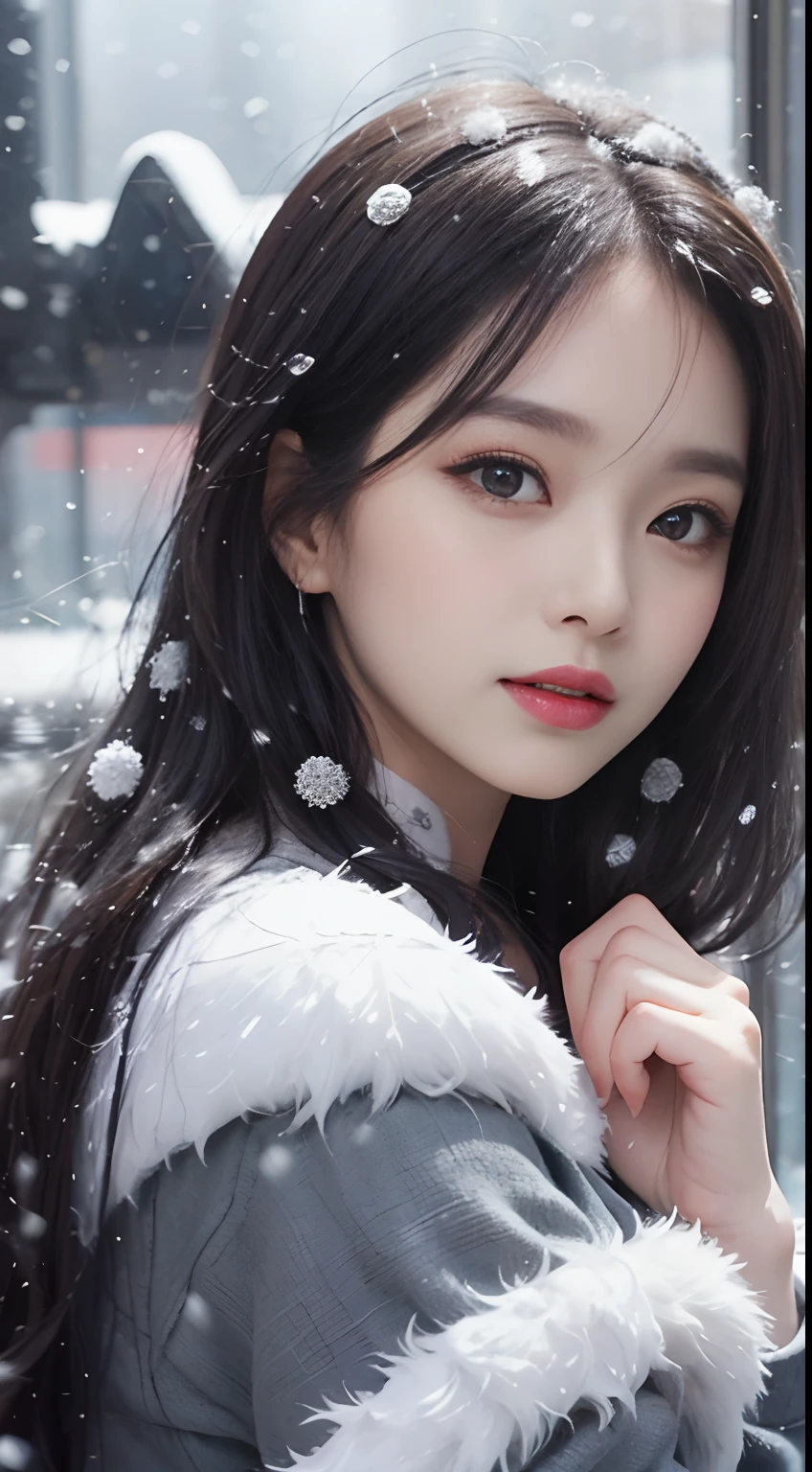 (8K, Best Quality, lord, The ultra-Highres:1.2) Beautiful photo of a  girl in Japan，ssmile， (Gloomy winter snow:1.4)，(Detailed pupils:1.3),
(Beautiful Vivid Lolita Dress)，Big Wind，(looking looking at viewer)，squating，long  hair，Fur Cloak,
of a woman with long hair 
Closeups, kwak ji young, Songs inspired by Tang Sin Yun Sandara, female actress from korea, jaeyeon nam, Lee Ji-eun, Izzy-silver(Lee Ji - Eun), 
Korean Woman, Normal number (Sangsoo Jeong), heonhwa choe, beautiful south korean woman, hwang se - on