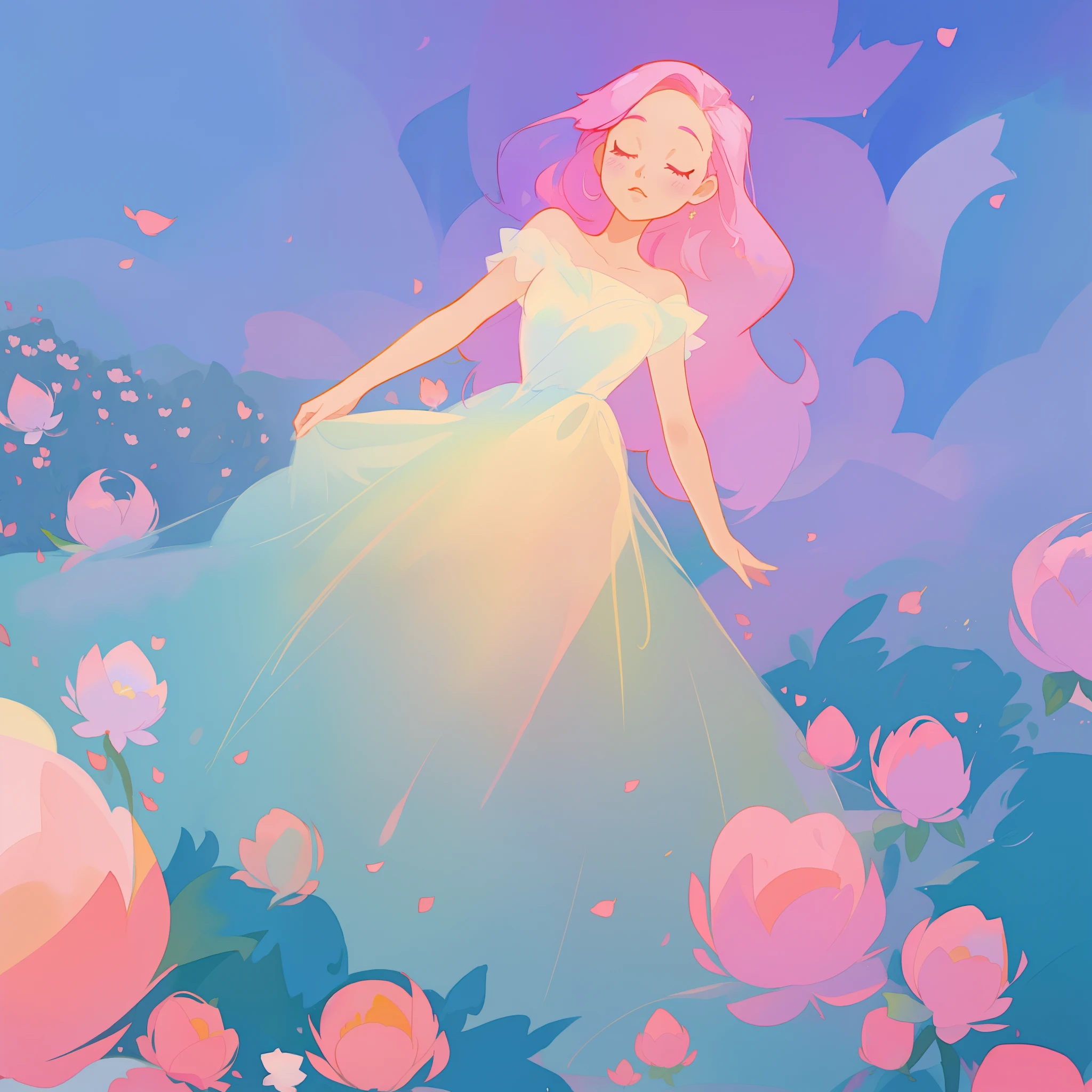 beautiful girl in puffy white ballgown, a field with puffball pink flowers, otherworldly flowers, whimsical landscape, long pink flowing hair, watercolor illustration, inspired by Glen Keane, inspired by Lois van Baarle, disney art style, by Lois van Baarle, by Glen Keane, jen bartel, digital painting, beautiful digital illustration, fantasia otherworldly landscape plants flowers, beautiful, masterpiece, best quality, anime disney style