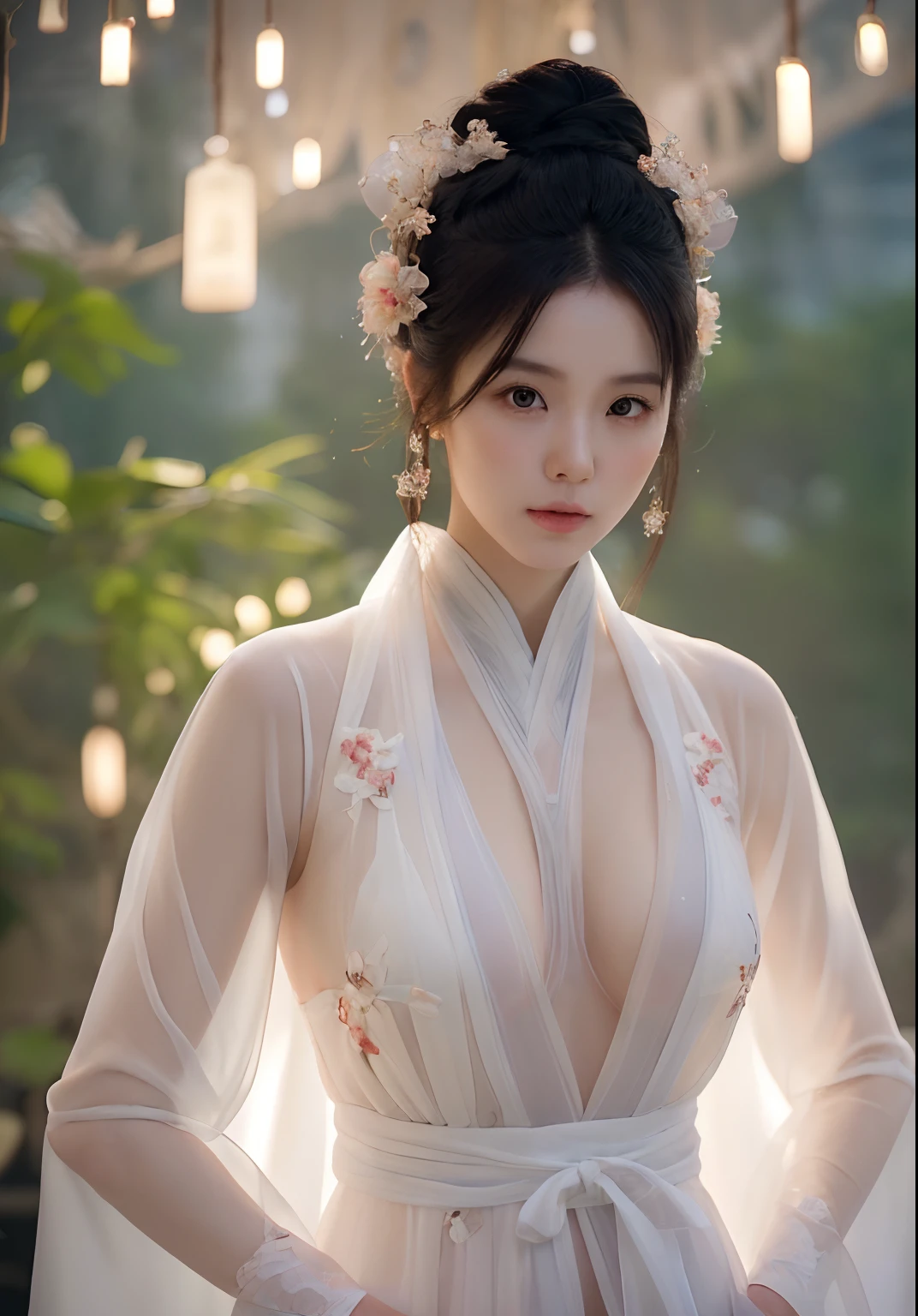 1girl, (beauty breast), (upper body), ((very transparent) Hanfu), (erotic_pose), indoor bedroom castle (blur background), (masterpiece), top Chinese model, (aphrodite goddess), pretty young face (Russian) (Asian), adept art, very best quality detailed face:1.5, (8k HD graphic, (soft and chill light), best quality detailed ultra highres:1.2 dynamic lighting, artstation, winner photography, volumemetricslighting),